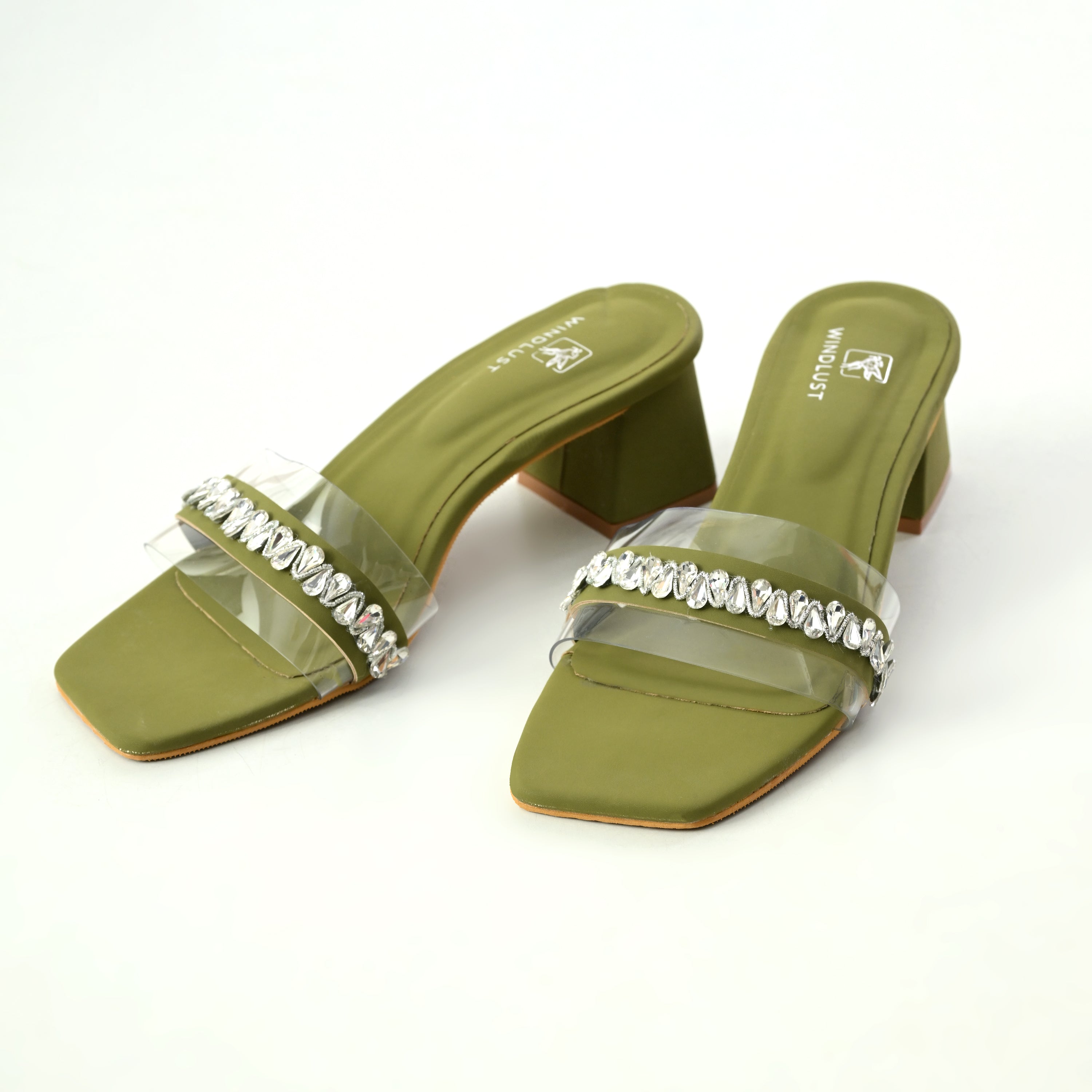 Handset Swarovski Embellished Clear Heels - Deep Green - Windlust