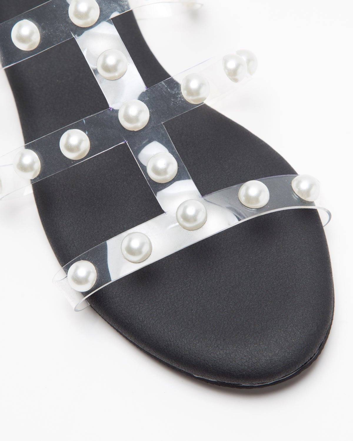 3 Strap Pearl Embellished Black Flats - Windlust
