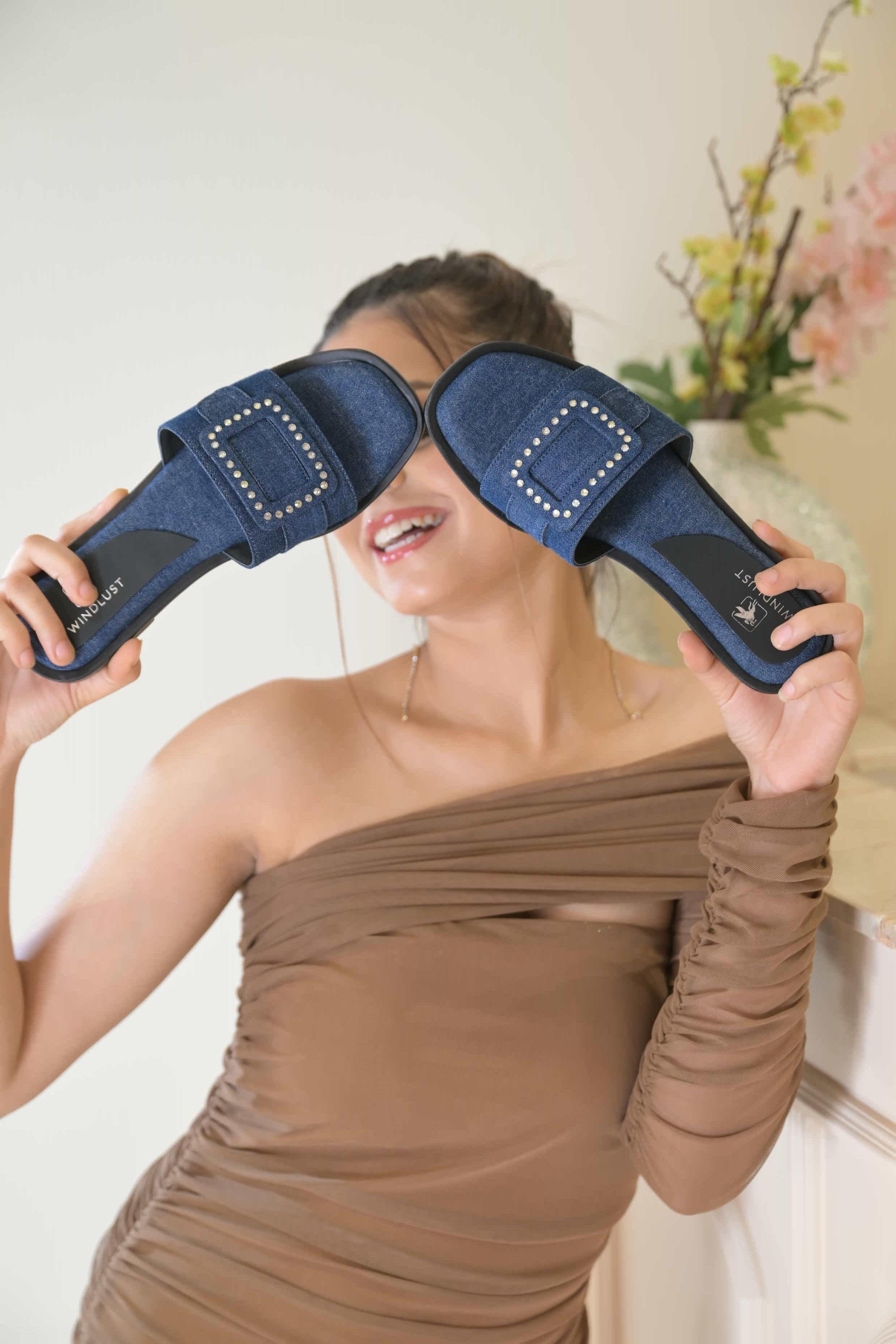 Denim Swarovski Embellished Flats - Deep Blue - Windlust