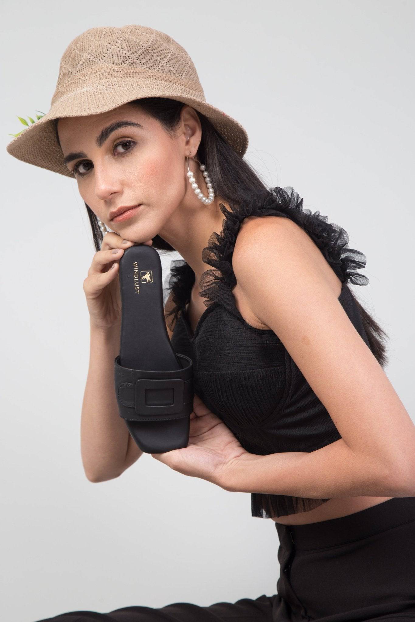 Single Strap Buckled Flats - Black - Windlust