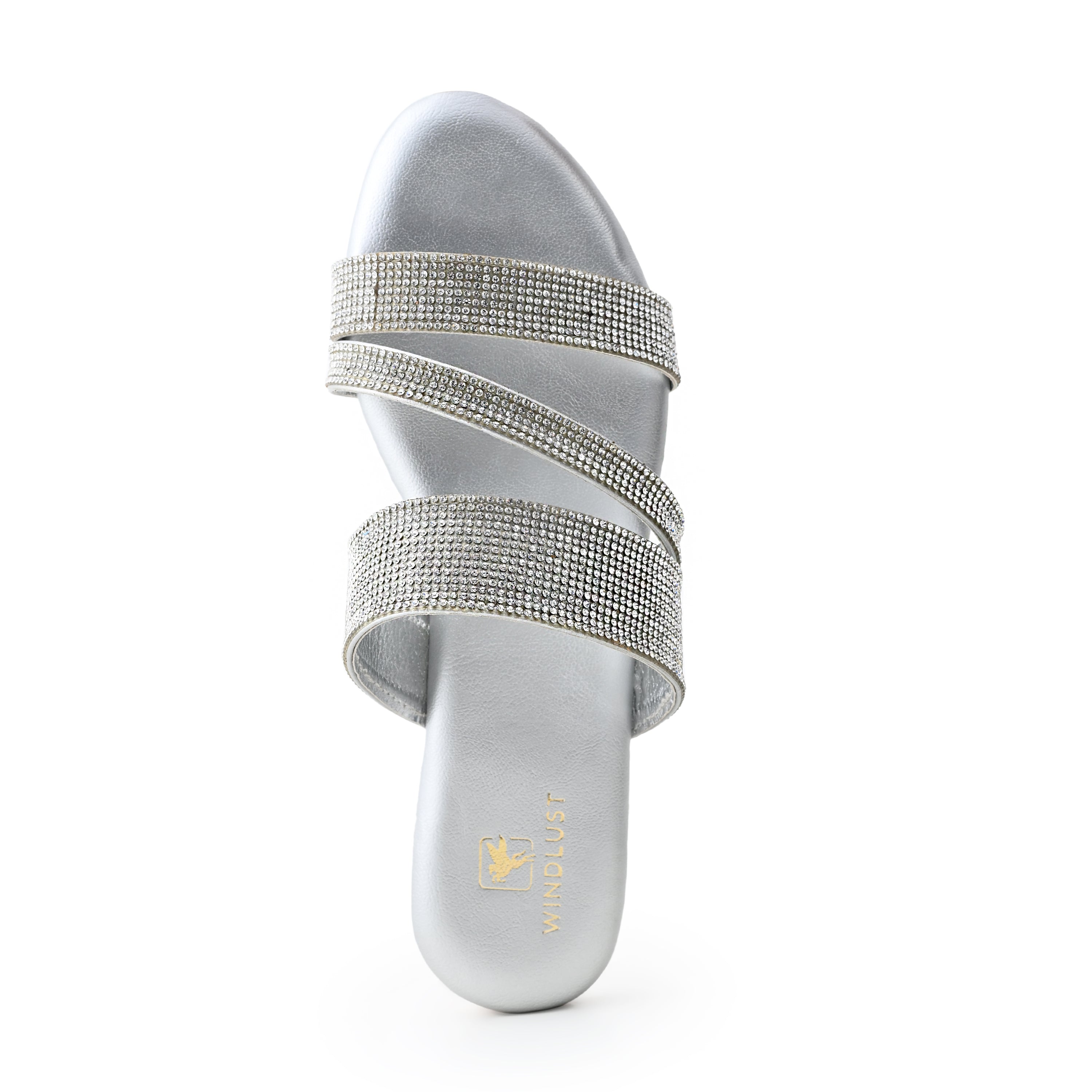 Silver Swarovski Bling Strap Flats by Windlust featuring sparkling crystal embellishments and comfortable flat design.