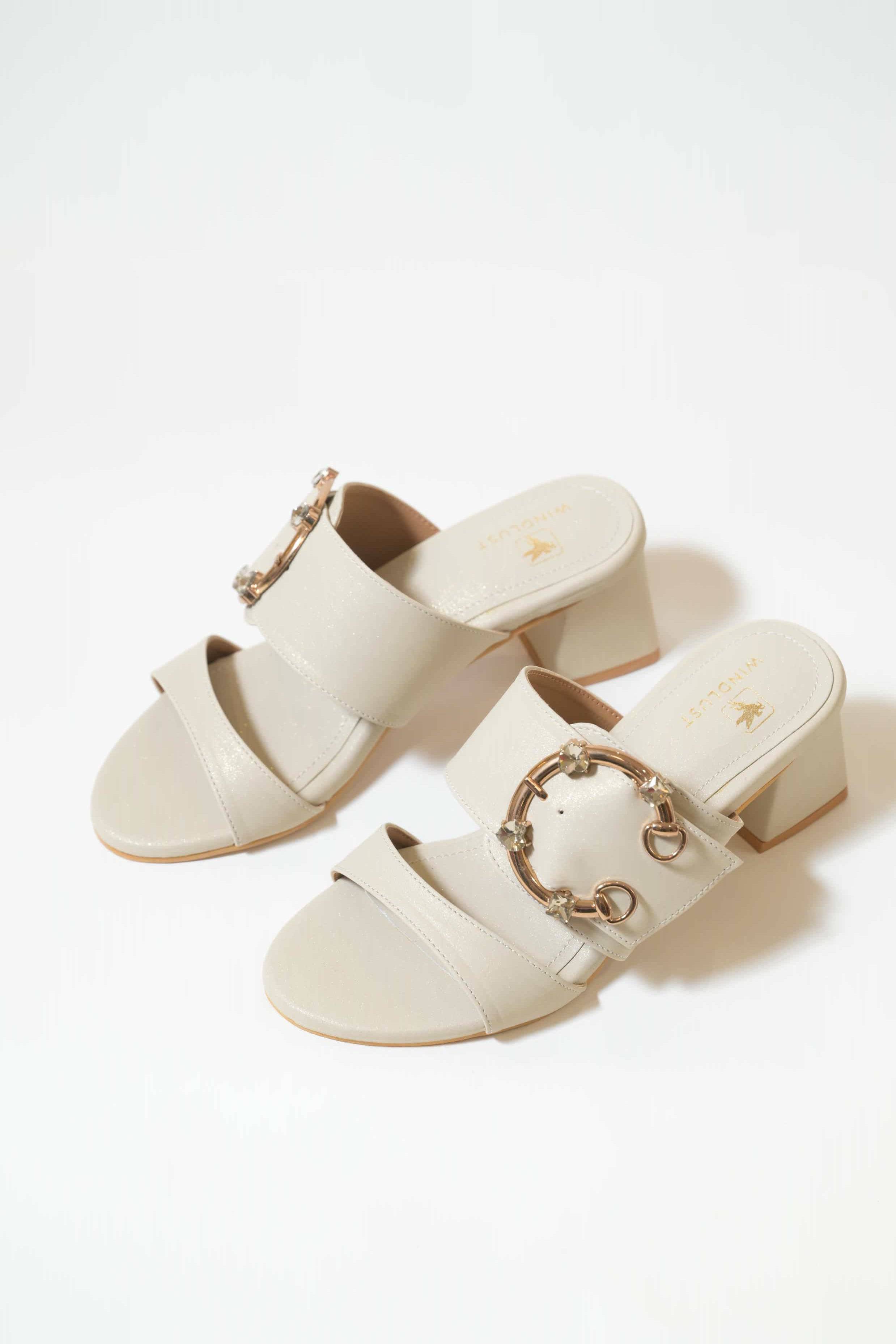 2 Strap Swarovski Stone Buckle Heels - Nude - Windlust