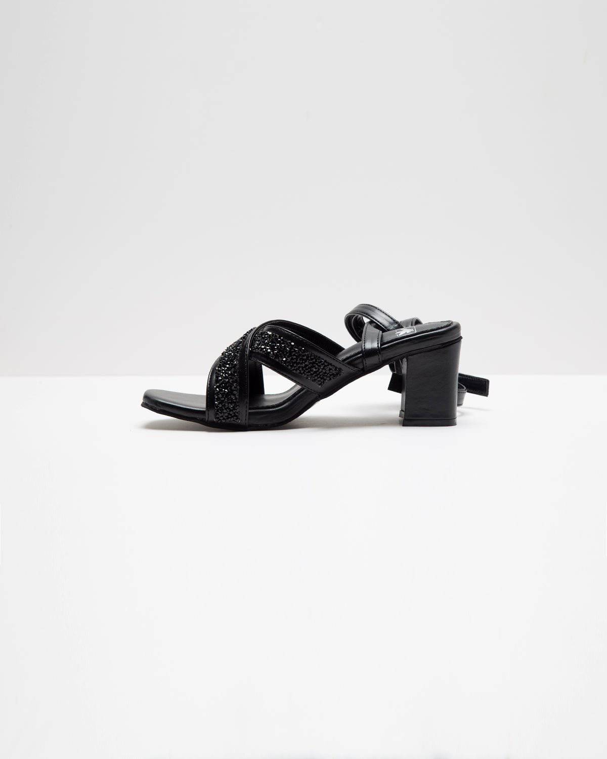 Cross Strapped Embellished Lace-Up Heels - Black