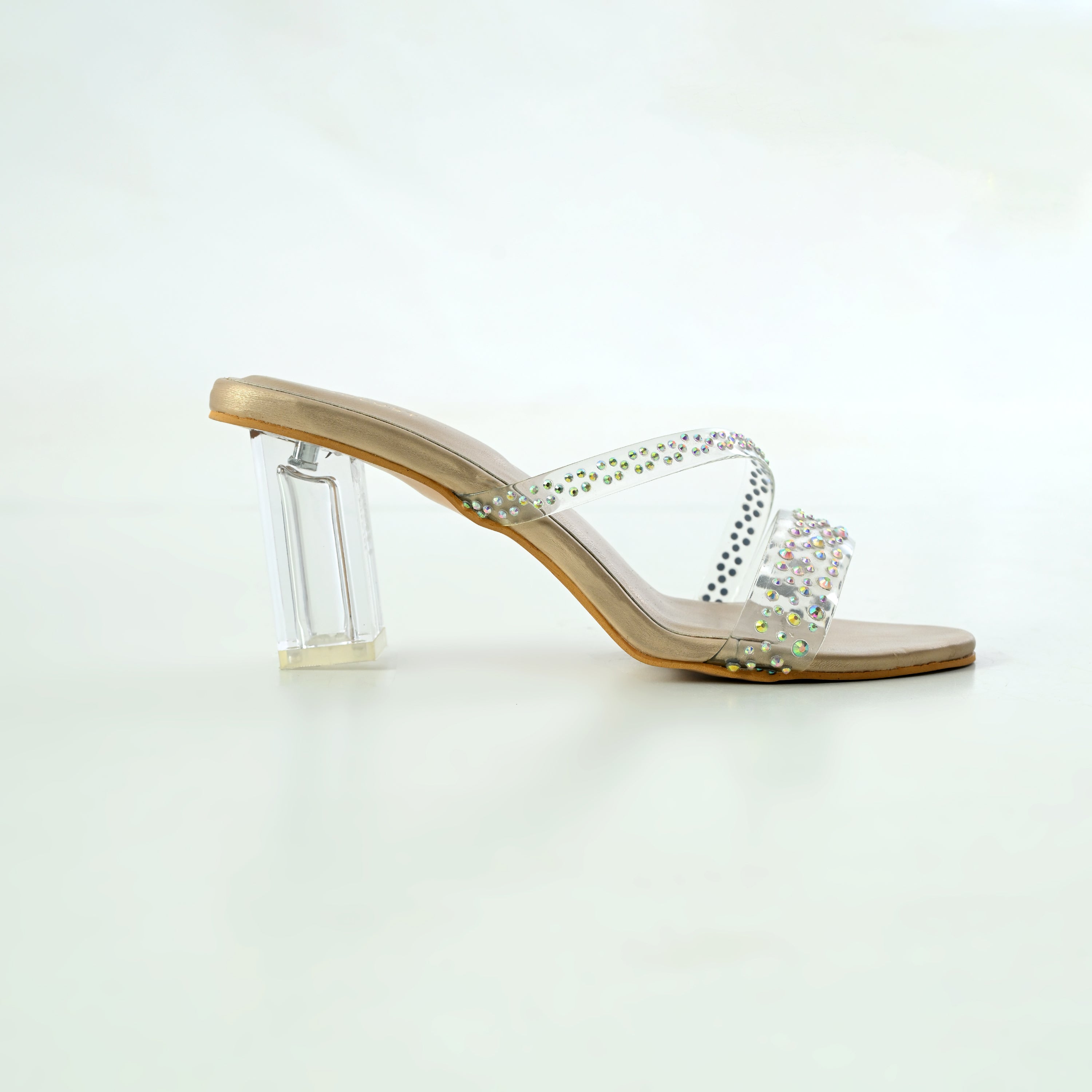 Matte gold embellished heels by Windlust featuring intricate details, perfect for dress-up occasions.