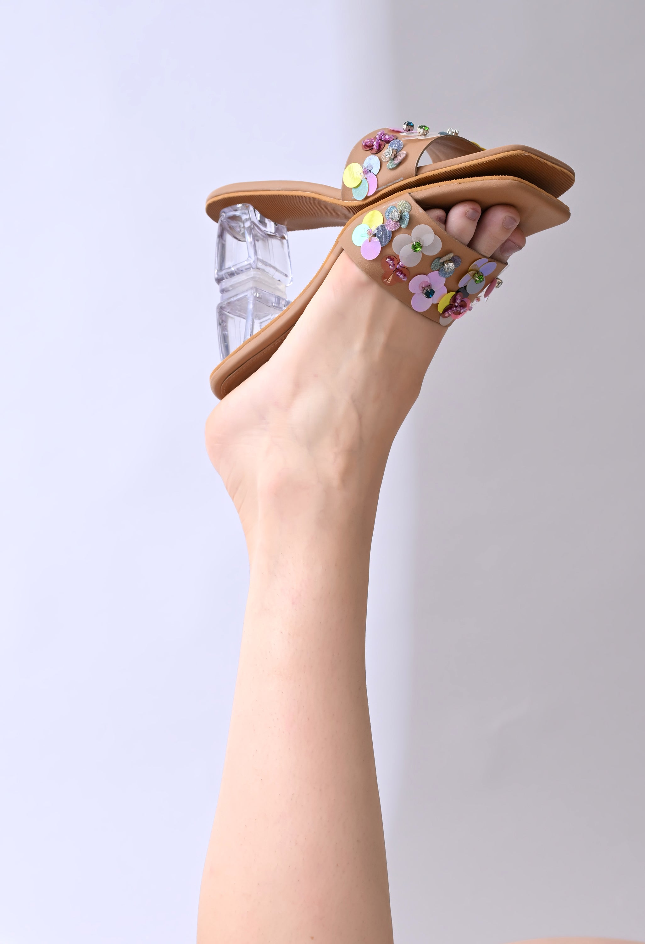 Beige Hand-Embellished Luxury Heels by Windlust featuring intricate embellishments and elegant design, perfect for formal occasions.