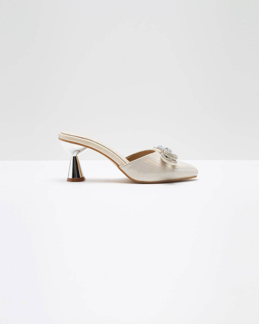Metallic Cream Embellished Bow Heels