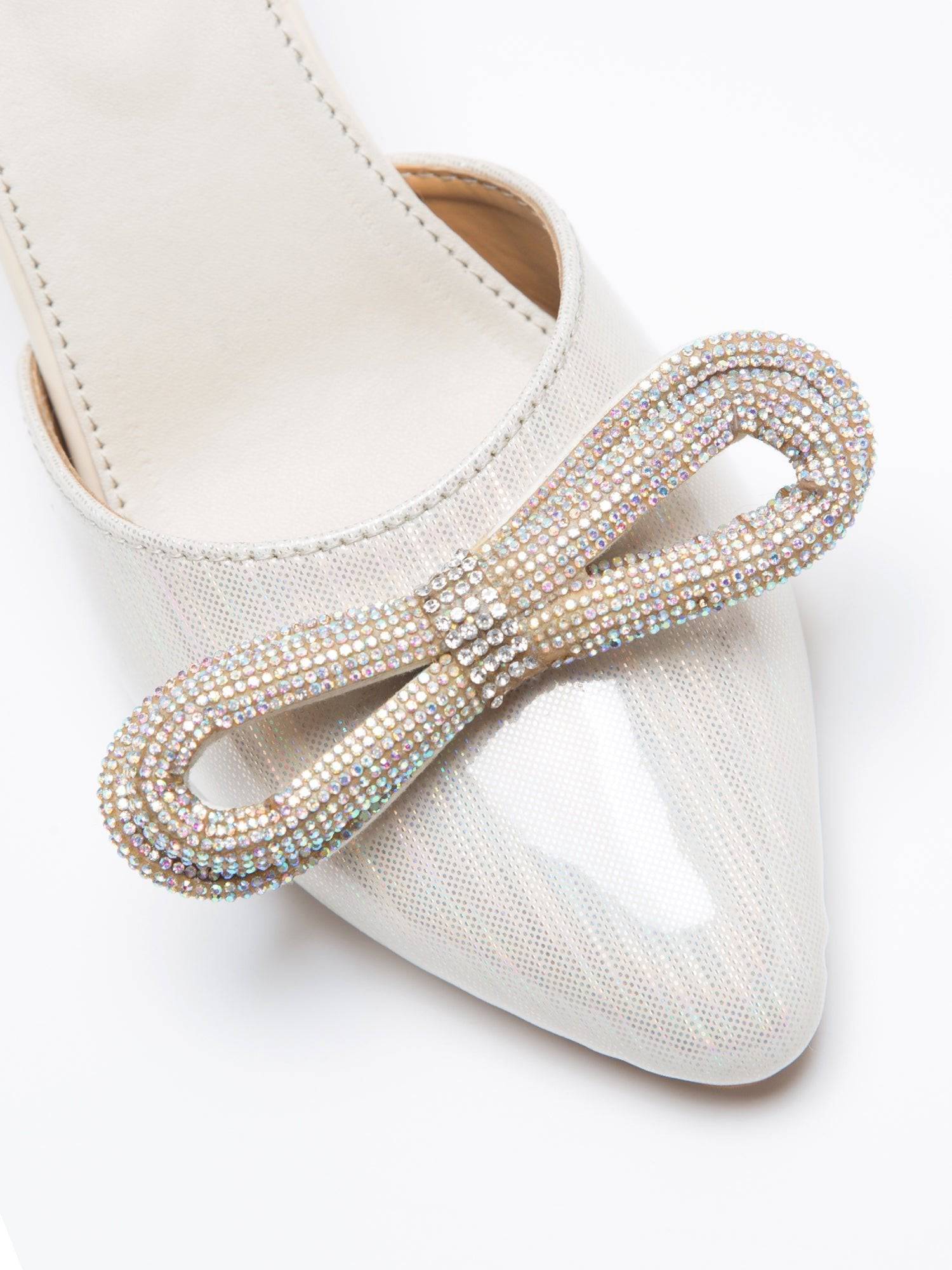 Metallic Cream Embellished Bow Heels