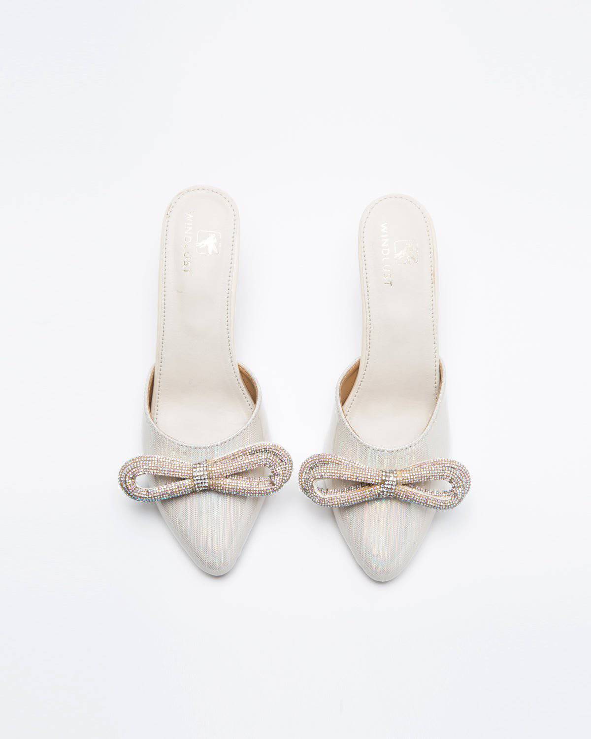 Metallic Cream Embellished Bow Heels