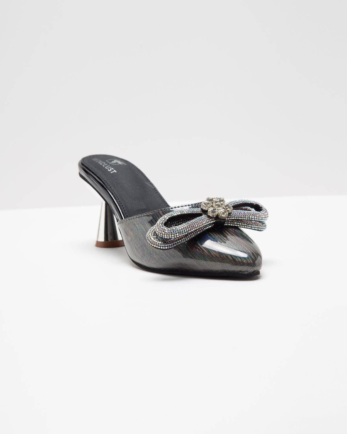 Metallic Grey Embellished Bow Heels - Windlust