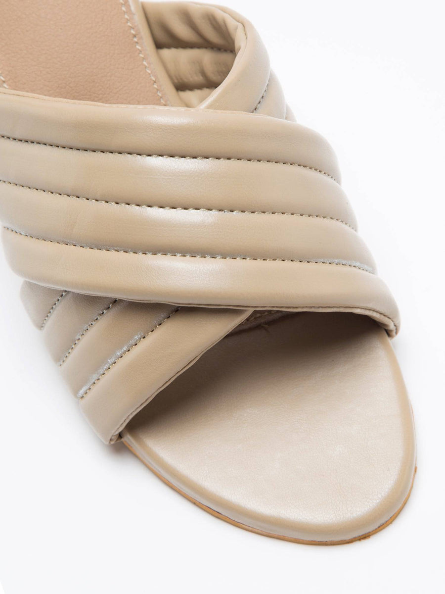 Nude beige Windlust Super Cushioned Cross Strapped Heels with padded soles and stylish design.