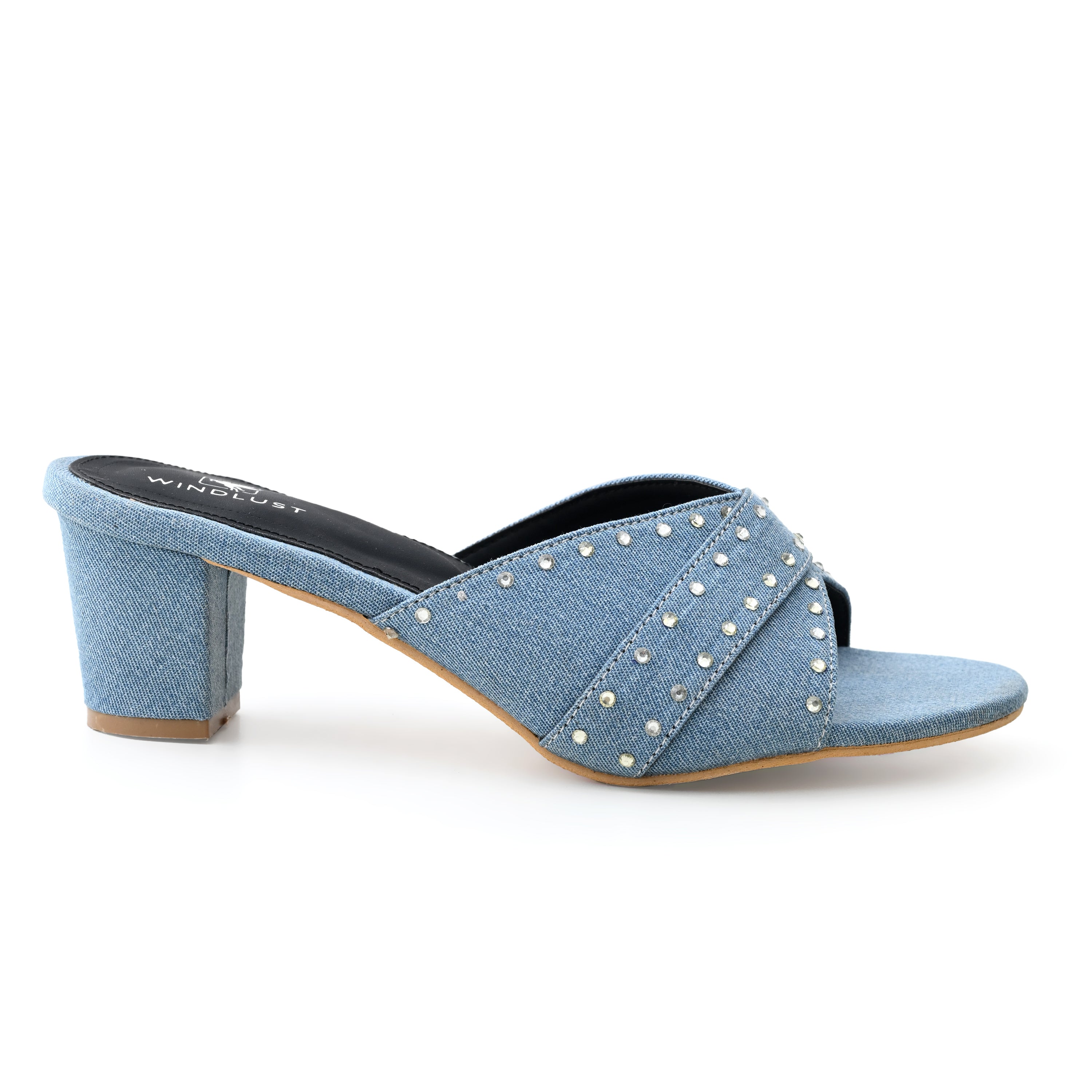 Windlust Swarovski embellished denim heels in denim blue with sparkling crystal details, stylish open-toe design.
