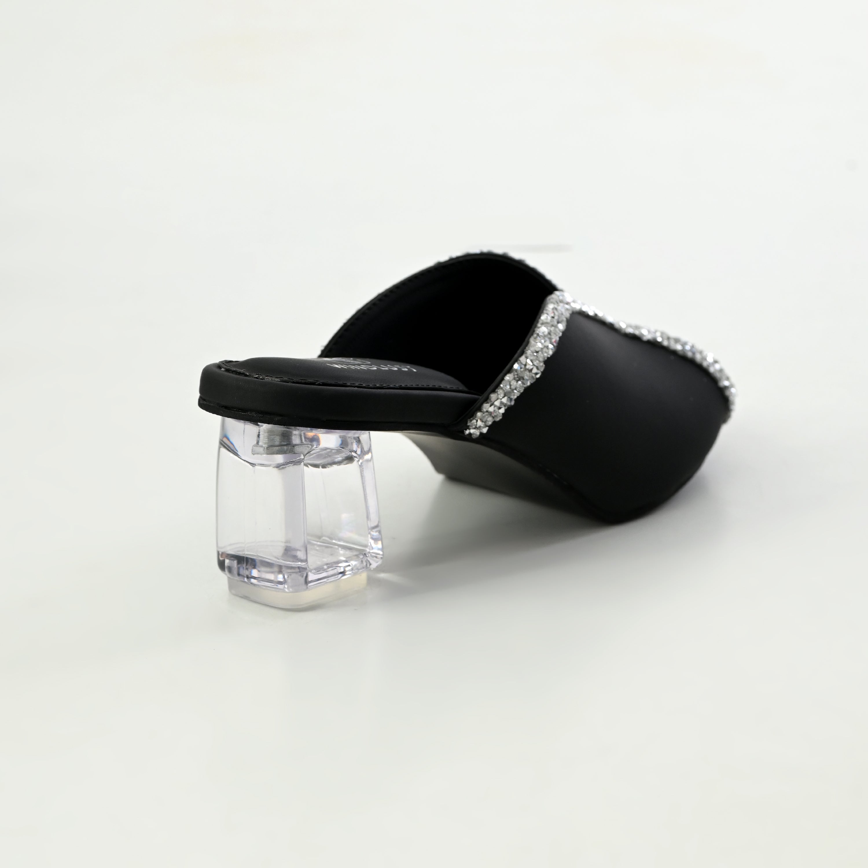 Black Swarovski-embellished hollow heel shoes by Windlust, stylish and elegant women’s heels with sparkling detailing.