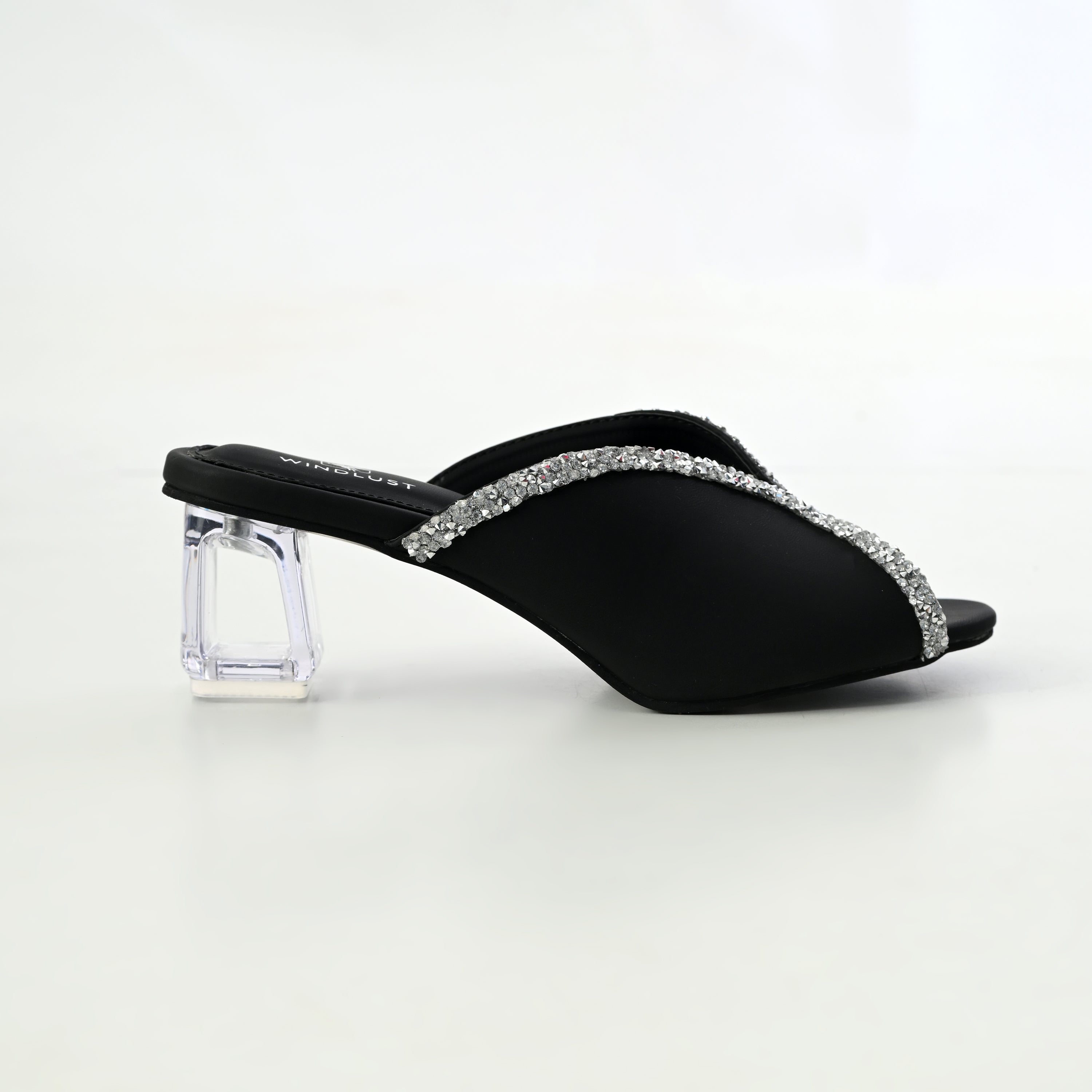 Black Swarovski-embellished hollow heel shoes by Windlust, stylish and elegant women’s heels with sparkling details.