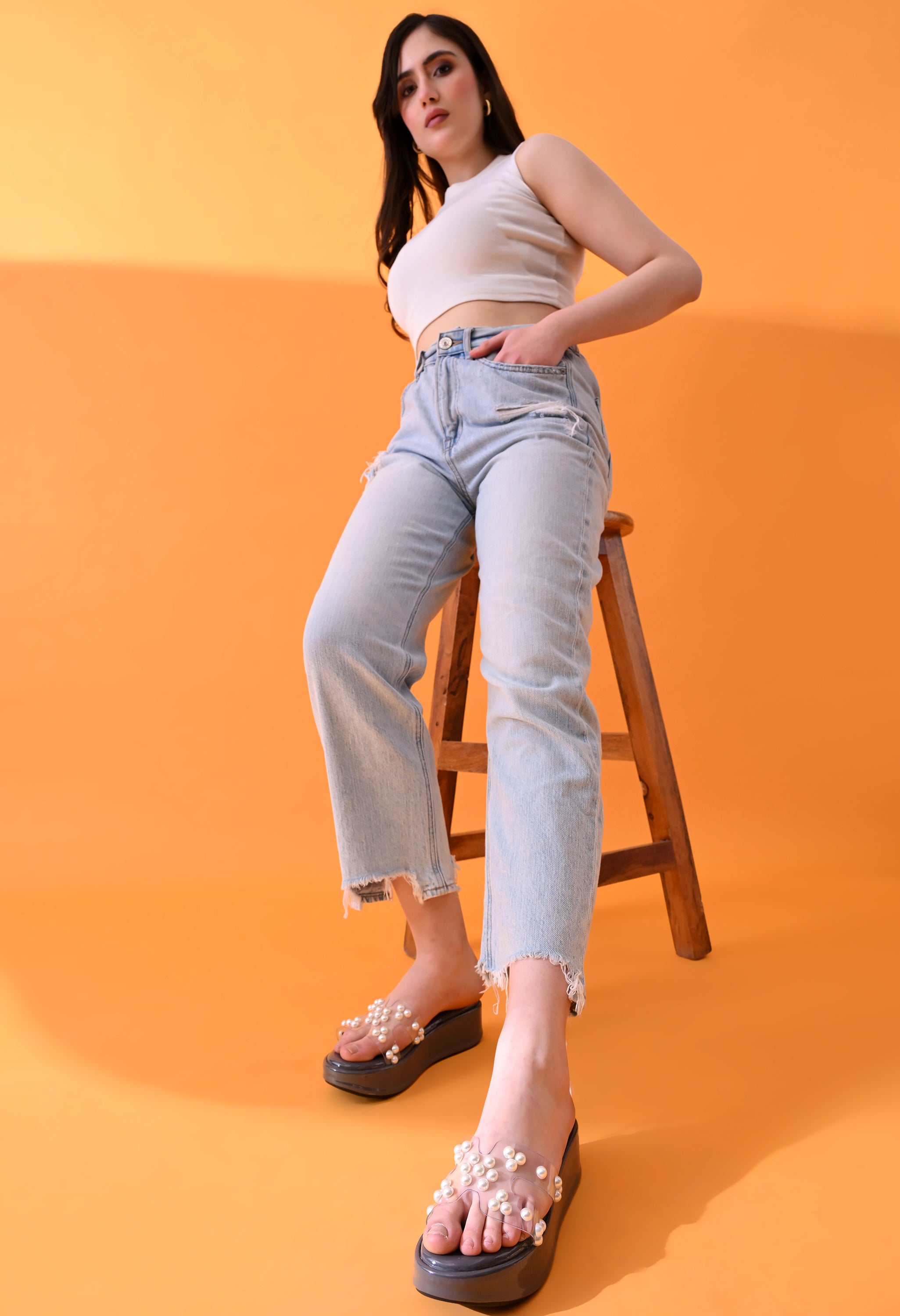 Windlust 4-way cut transparent pearl edition platform wedges in glossy grey, showcasing stylish, high-heeled footwear design.