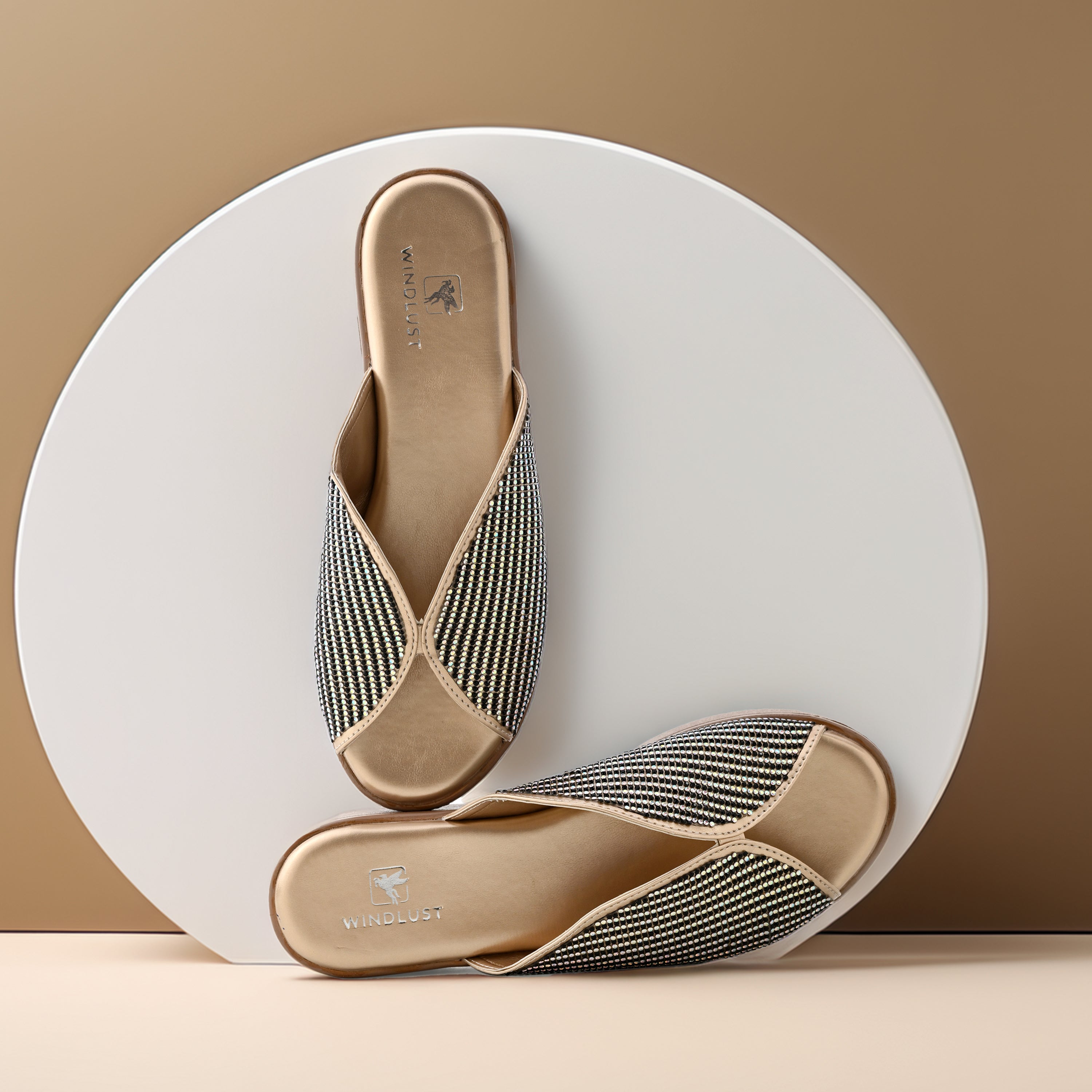 Swarovski embellished 2-inch matte gold wedge sandals by Windlust, featuring sparkling Swarovski crystals and stylish design.