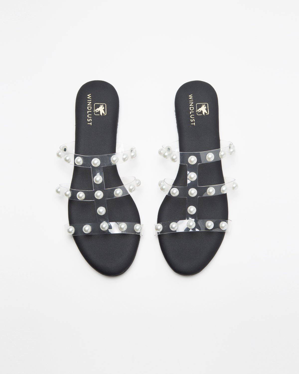 3 Strap Pearl Embellished Black Flats - Windlust