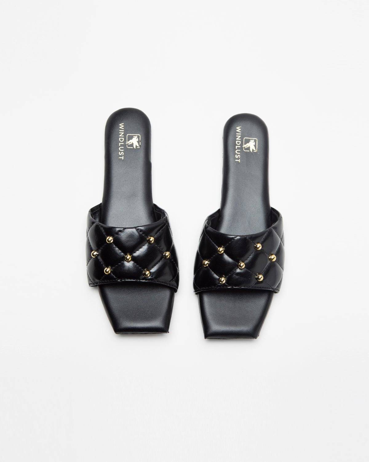 Black Studded T-Shaped Flats - Windlust