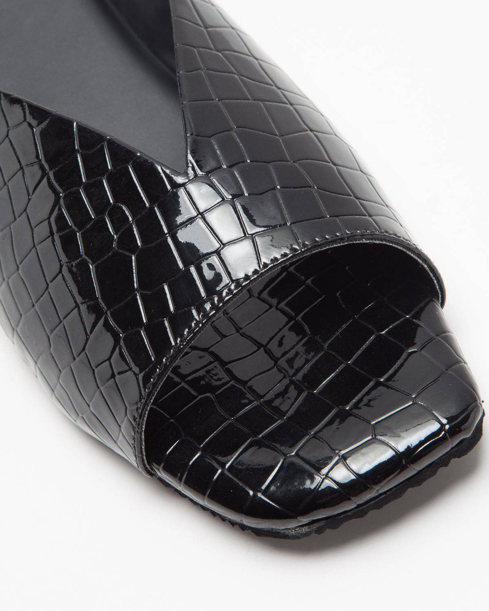 Black Ergo Croc leather pattern flats by Windlust, showcasing sleek design and textured crocodile style for everyday wear.