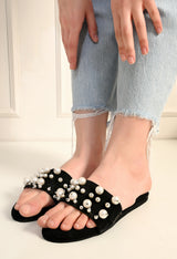 Hand Embellished Luxury Pearl Flats - Matte Black
