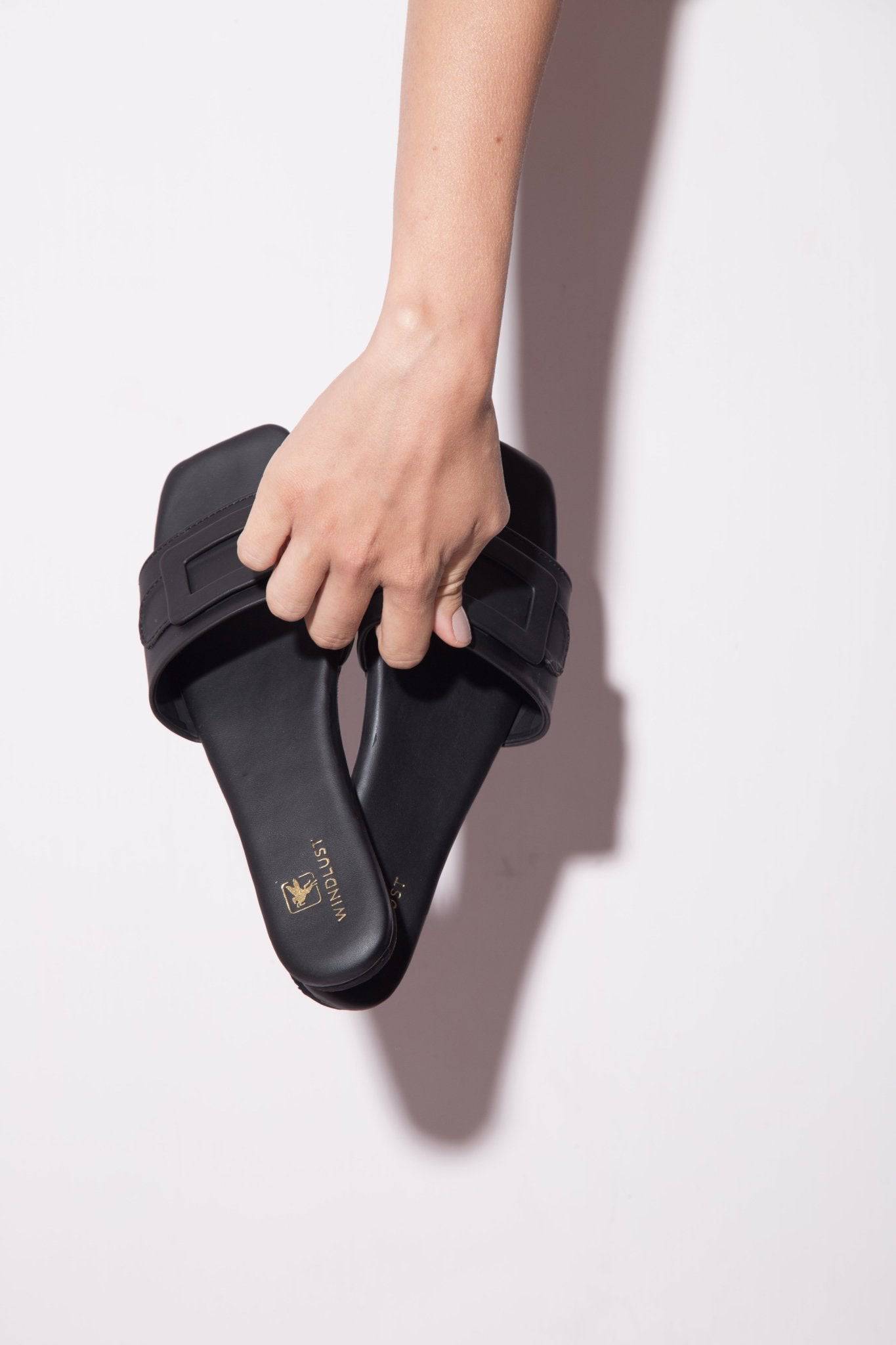 Single Strap Buckled Flats - Black