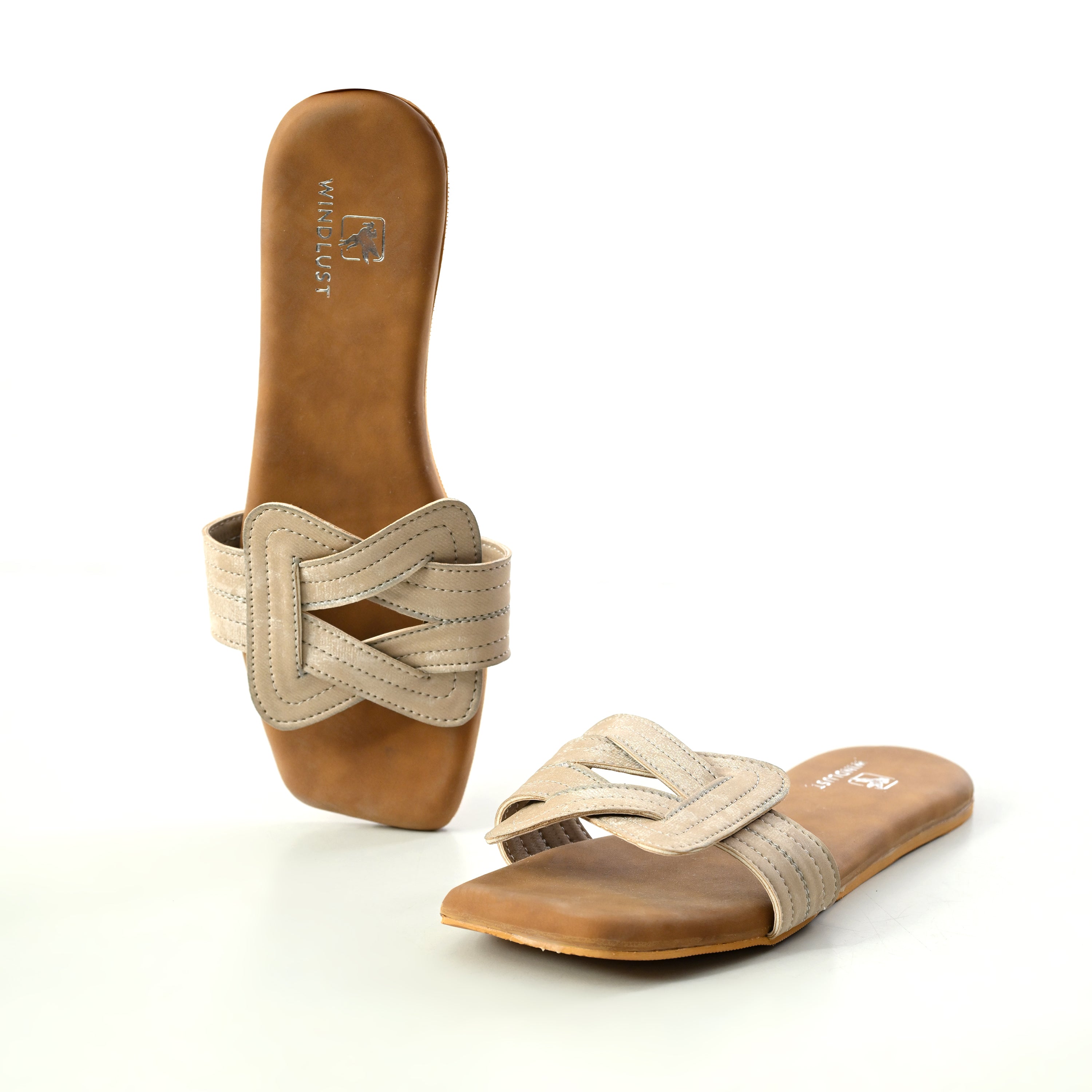 Beige taupe Tangled Luxè Flats by Windlust, stylish slip-on flats with a textured design and comfortable fit.