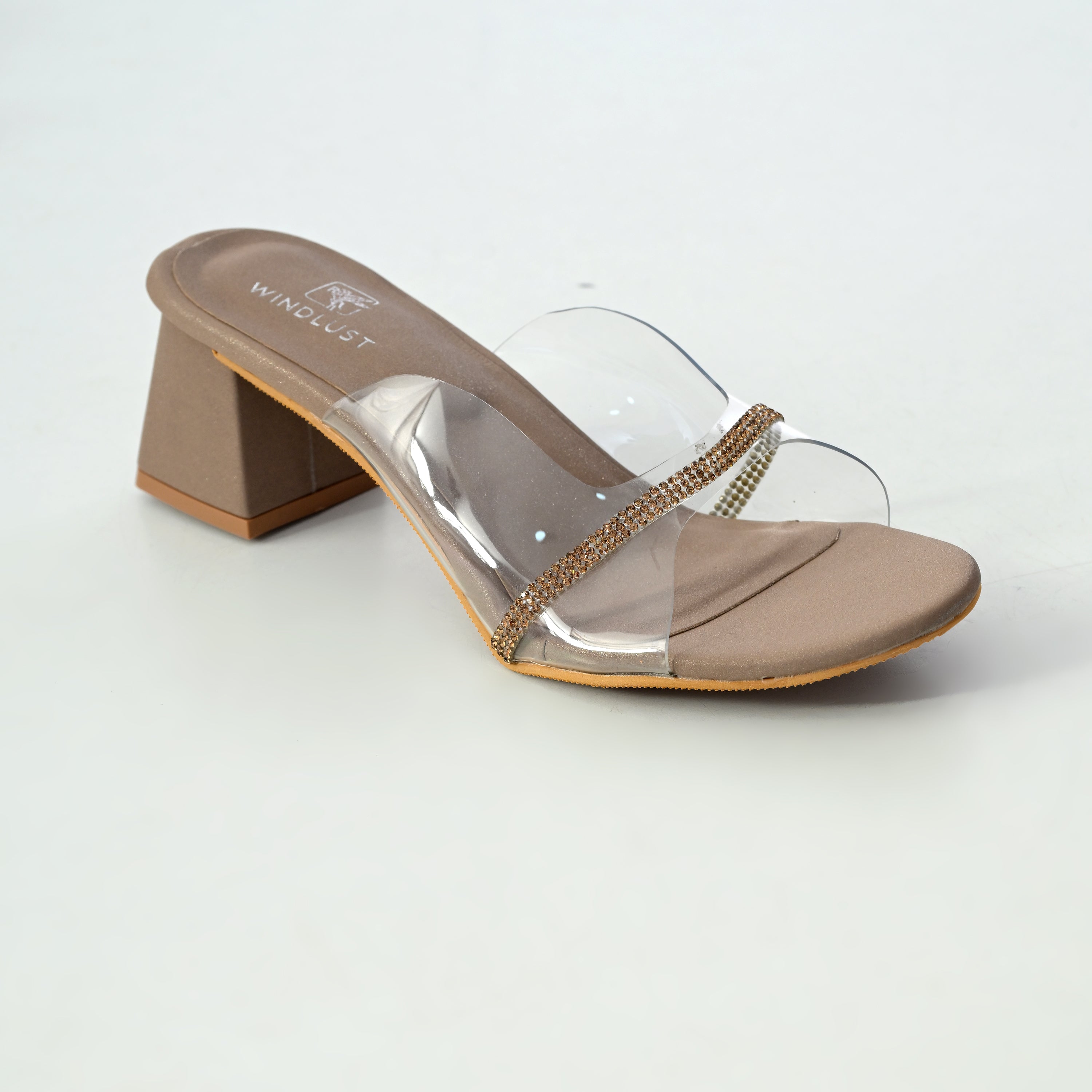 Taupe Swarovski line heels by Windlust featuring clear heels and sparkling Swarovski accents.