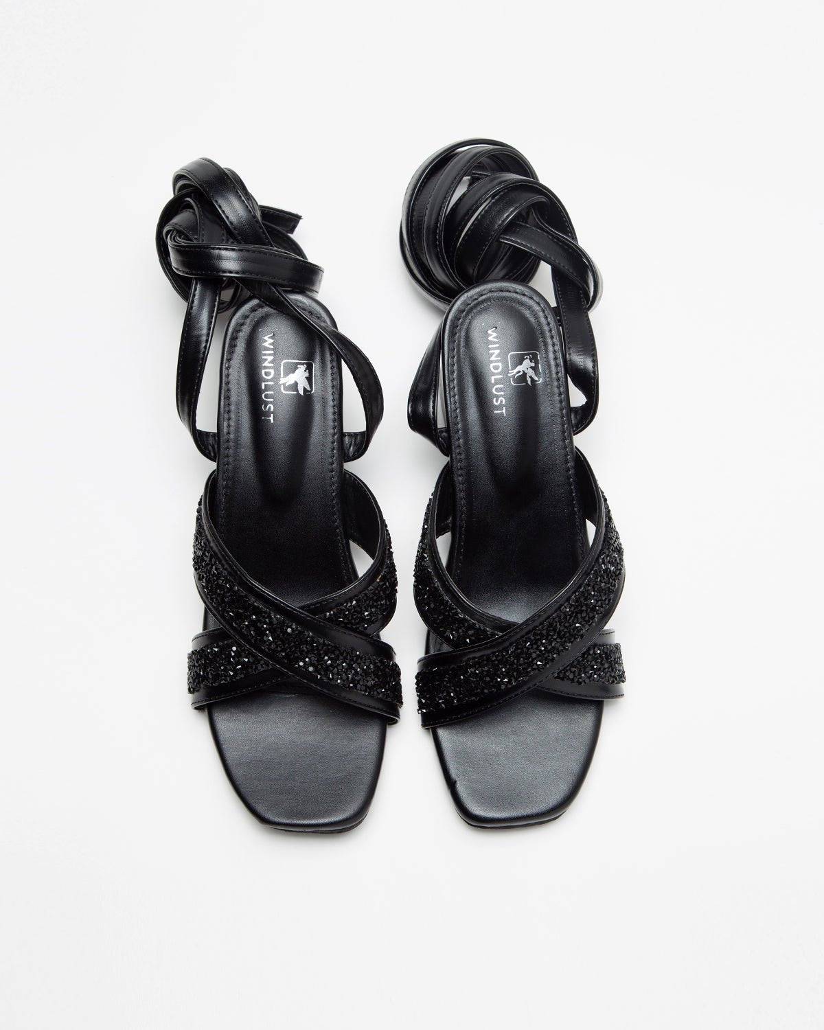 Cross Strapped Embellished Lace-Up Heels - Black - Windlust