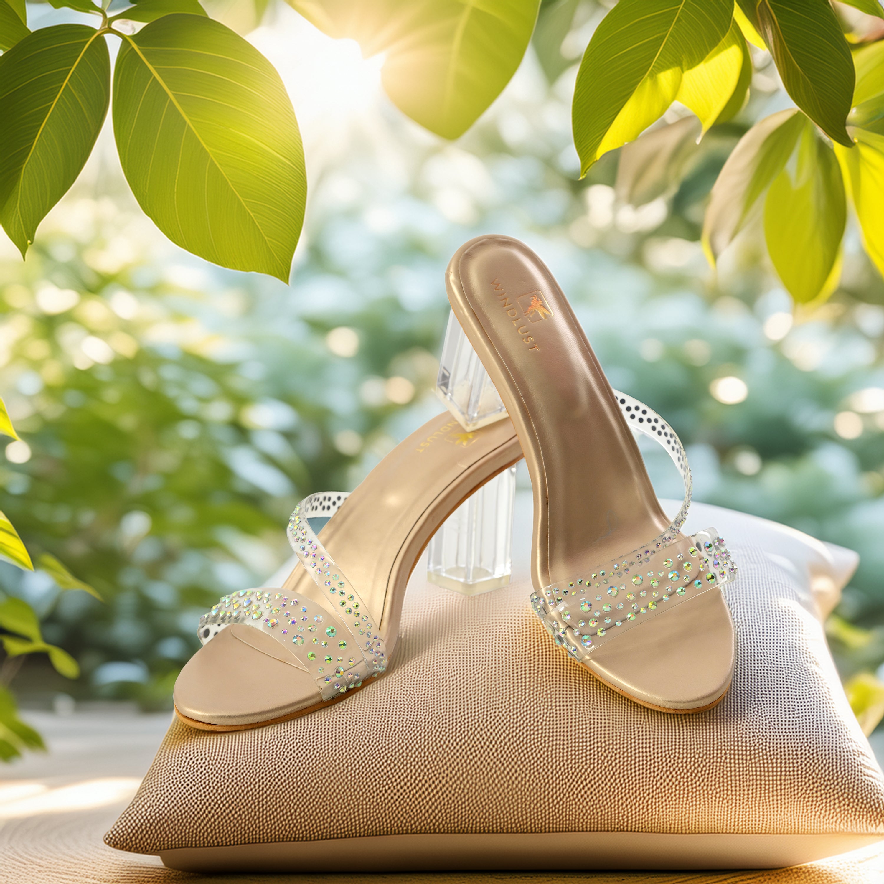 Gold matte heels by Windlust featuring embellished details, perfect for dress-up occasions and stylish evening wear.