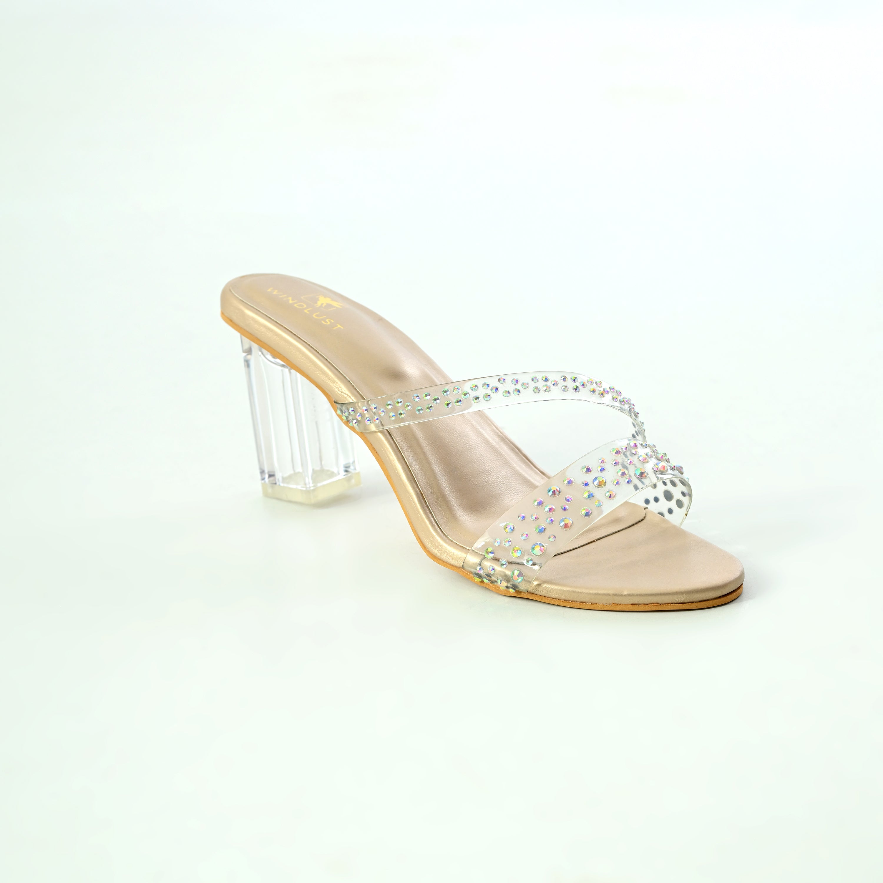 Matte gold embellished heels by Windlust, stylish women's dress-up heels with intricate detailing and a sleek design.