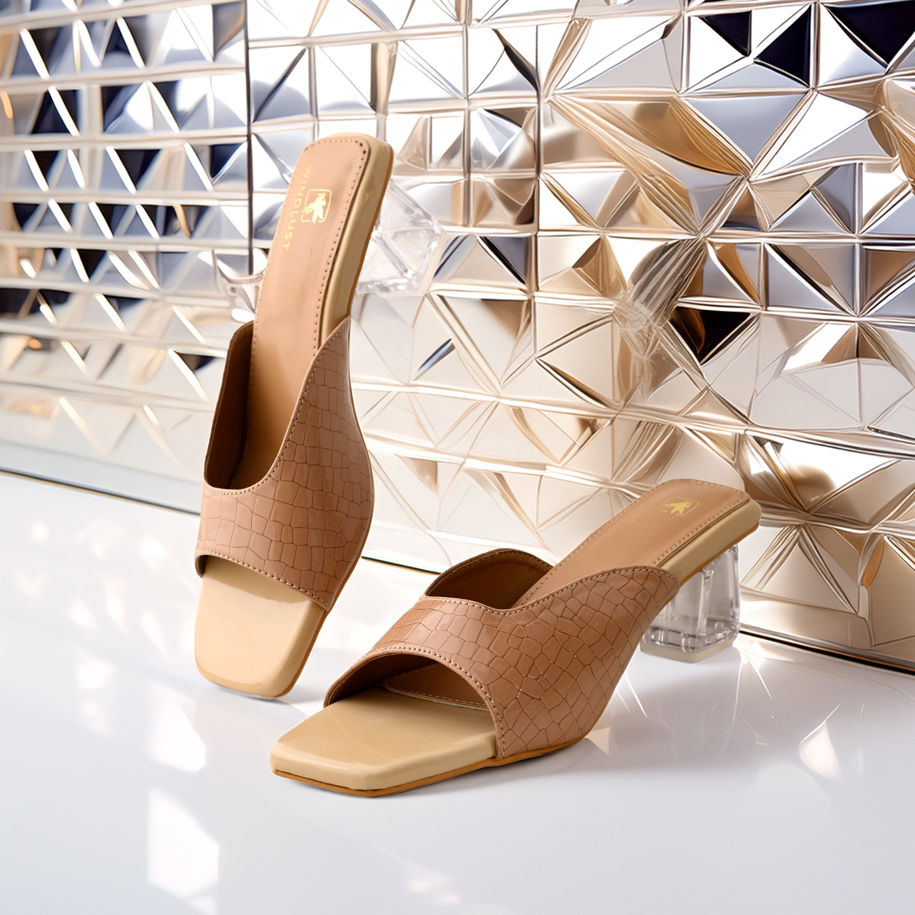 Beige Ergo Croc Leather Hallow Heels by Windlust, elegant women's heels featuring textured crocodile leather and stylish design.