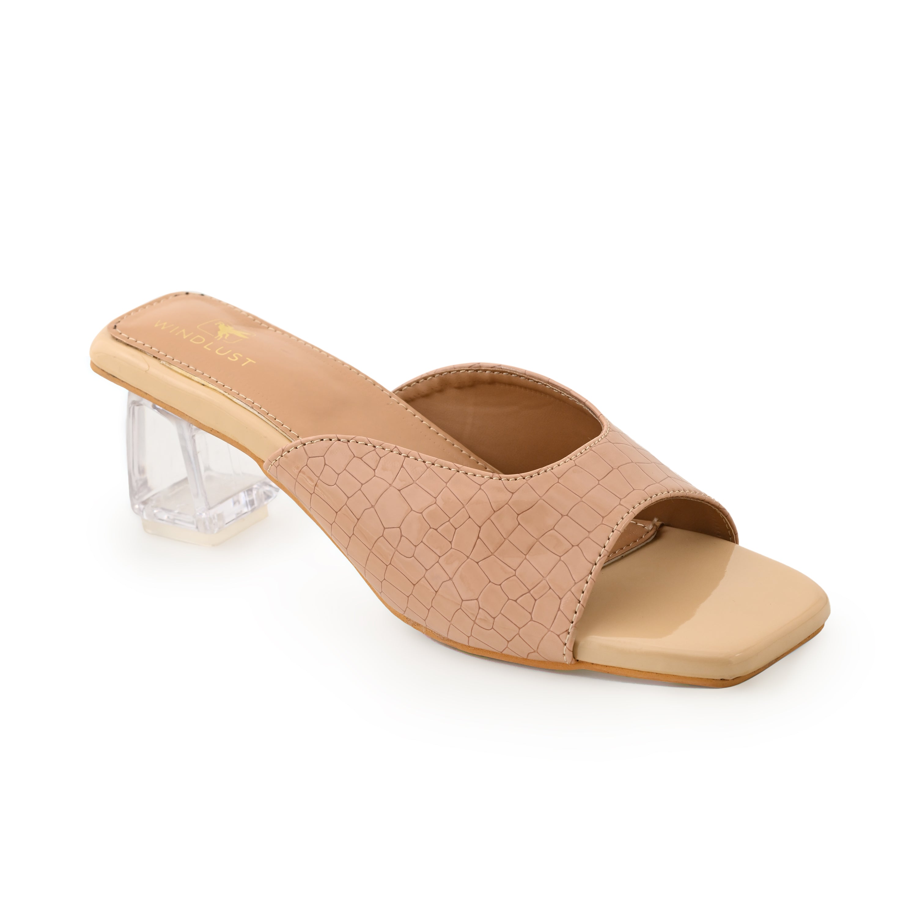 Beige Ergo Croc Leather Hallow Heels by Windlust, stylish women's heels with textured leather and open-back design.