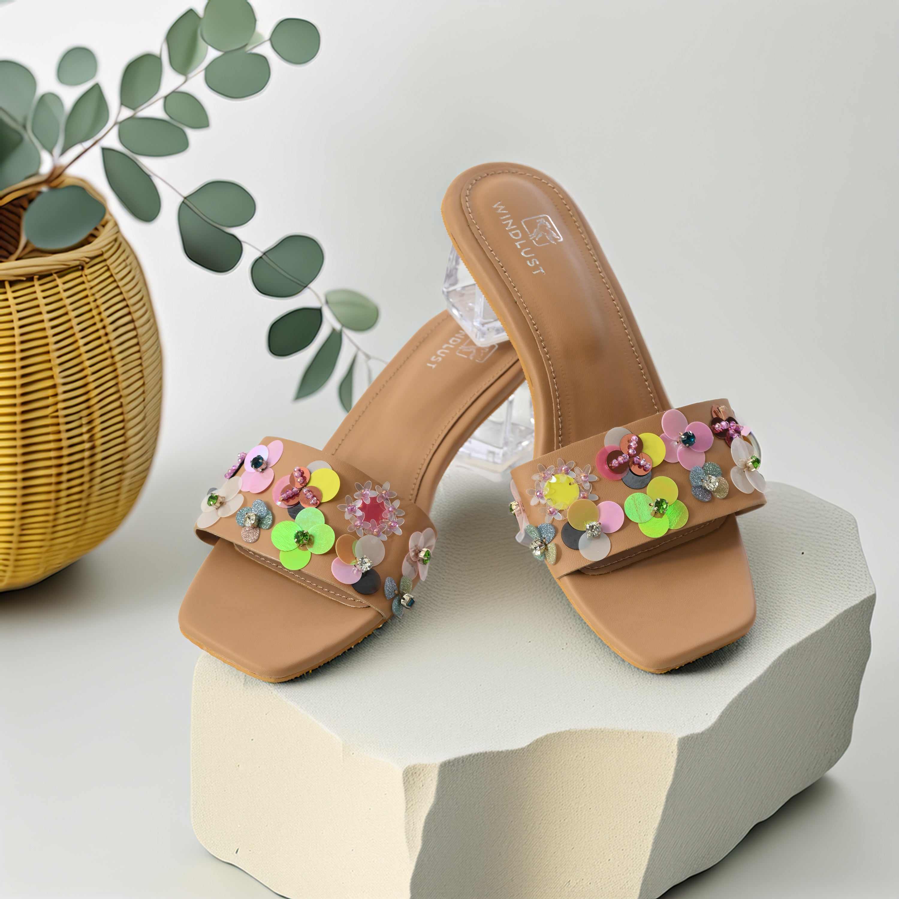 Beige hand-embellished luxury heels by Windlust, featuring intricate detailing and elegant design for formal occasions.