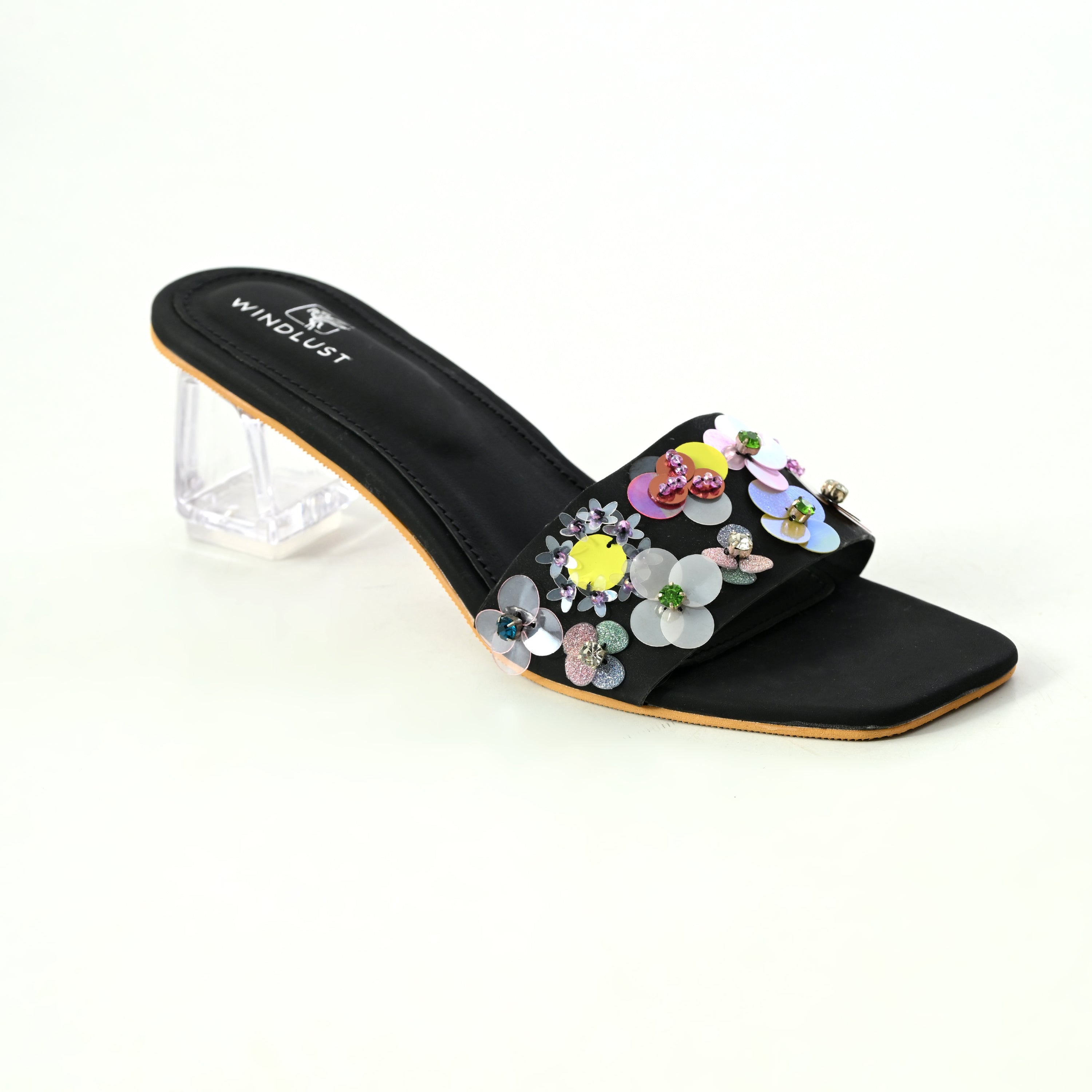 Black hand-embellished luxury heels by Windlust, stylish high heels with intricate decorative details and elegant design.