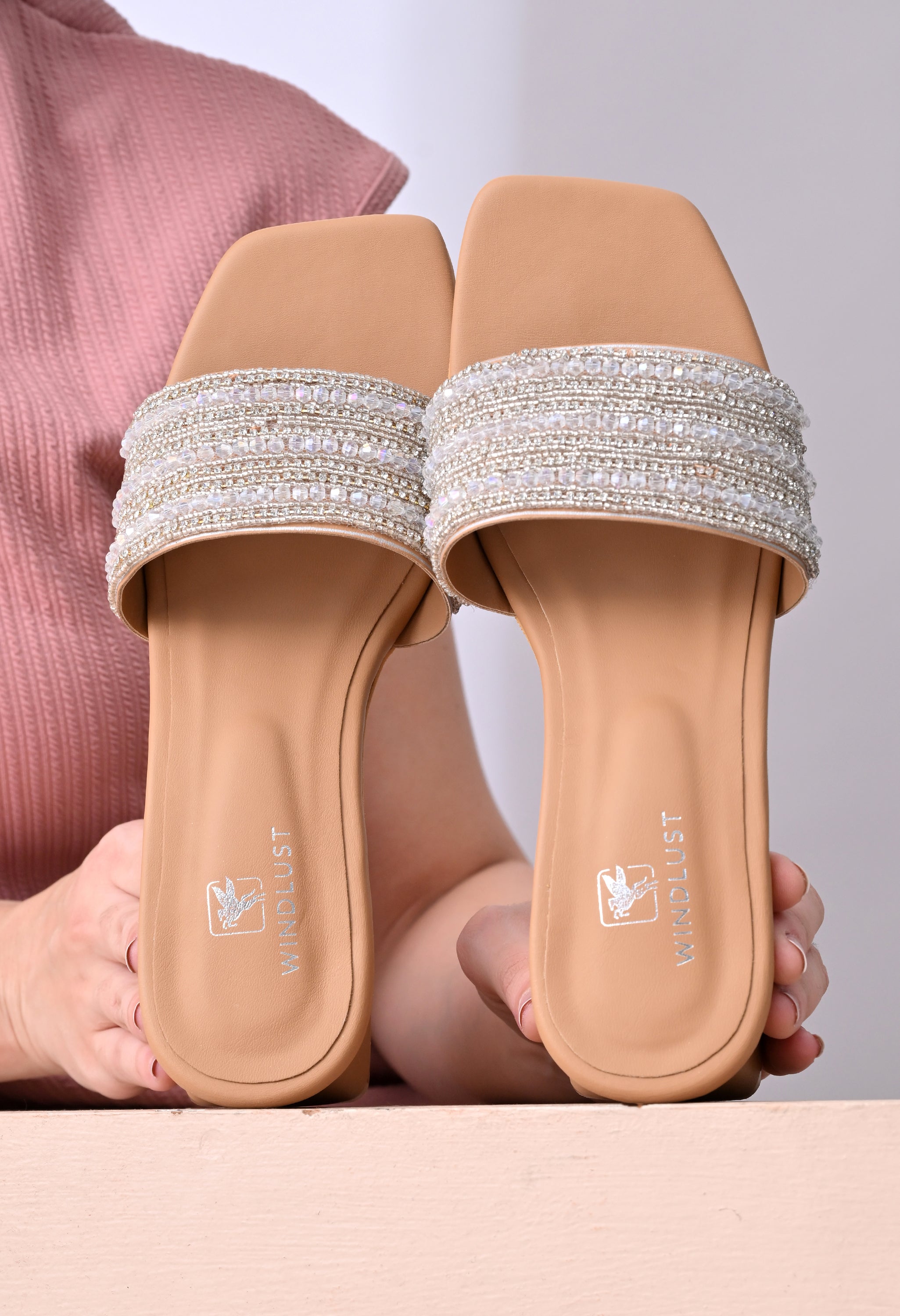 Ivory beige handcrafted lace embellished heels by Windlust, stylish open-toe women's shoes with intricate lace details.