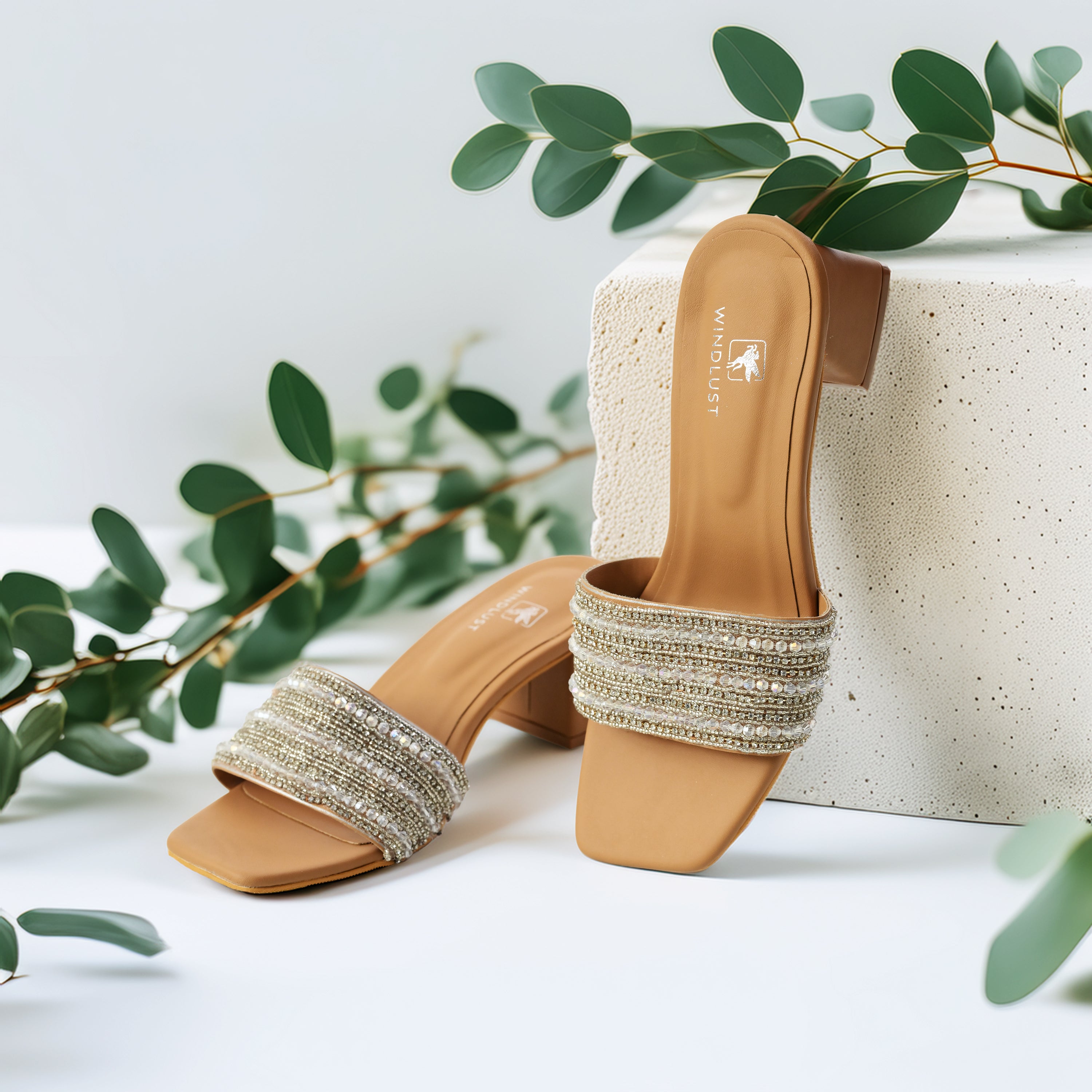 Ivory beige handcrafted lace embellished heels by Windlust, featuring intricate lace details and elegant design.