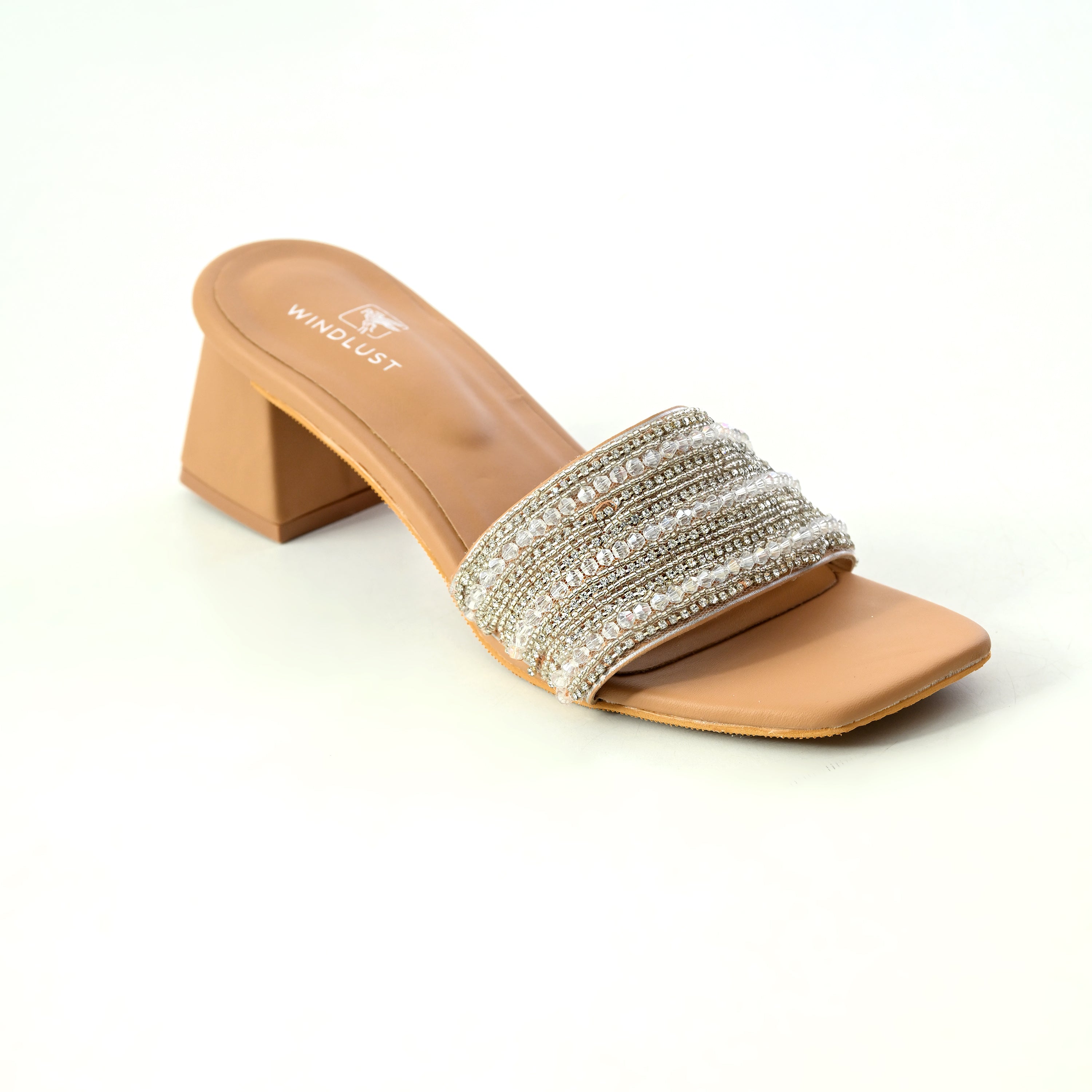 Ivory beige handcrafted lace embellished heels by Windlust with elegant lace detail and a stylish heel design.