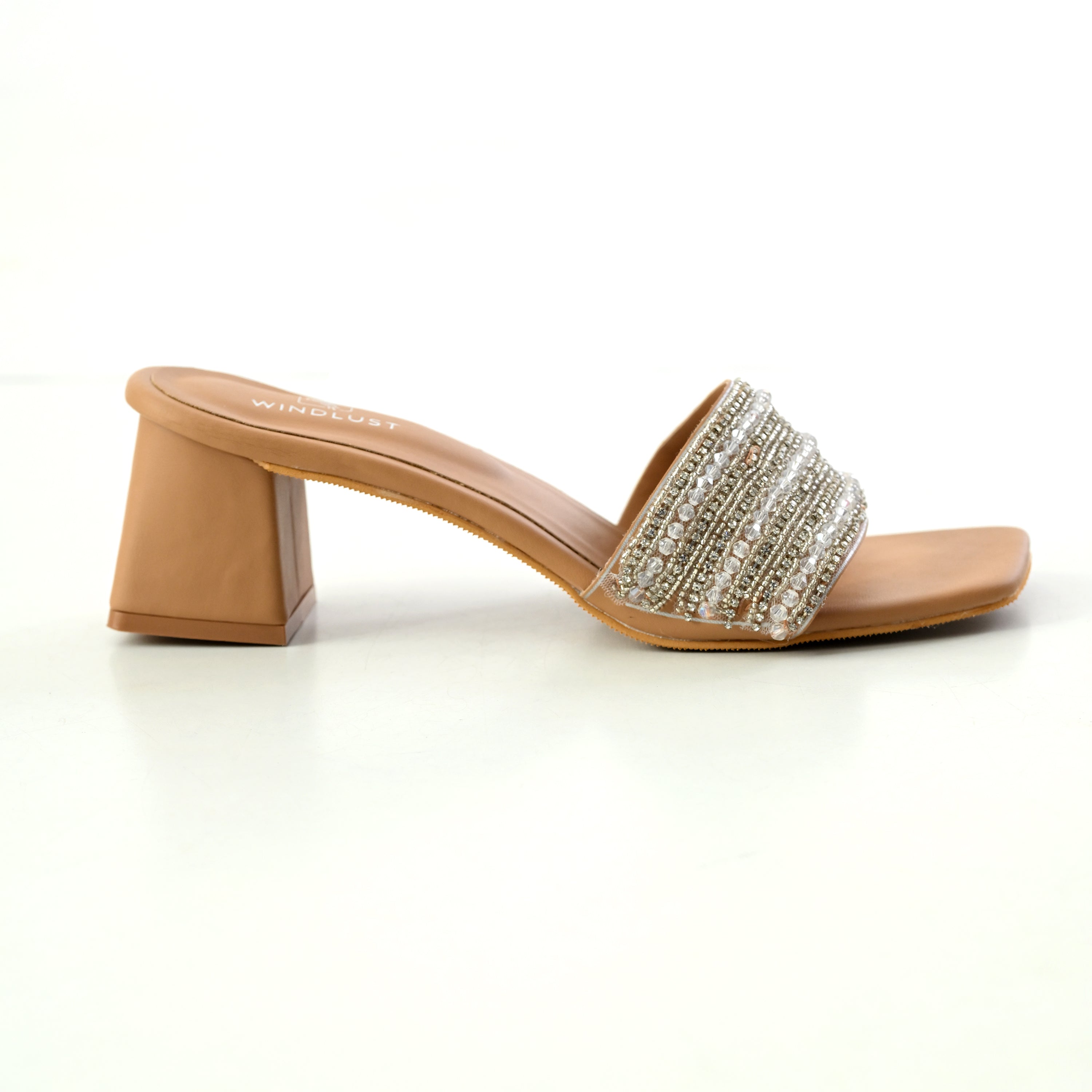 Ivory beige handcrafted lace embellished heels by Windlust featuring intricate lace details and elegant heel design.