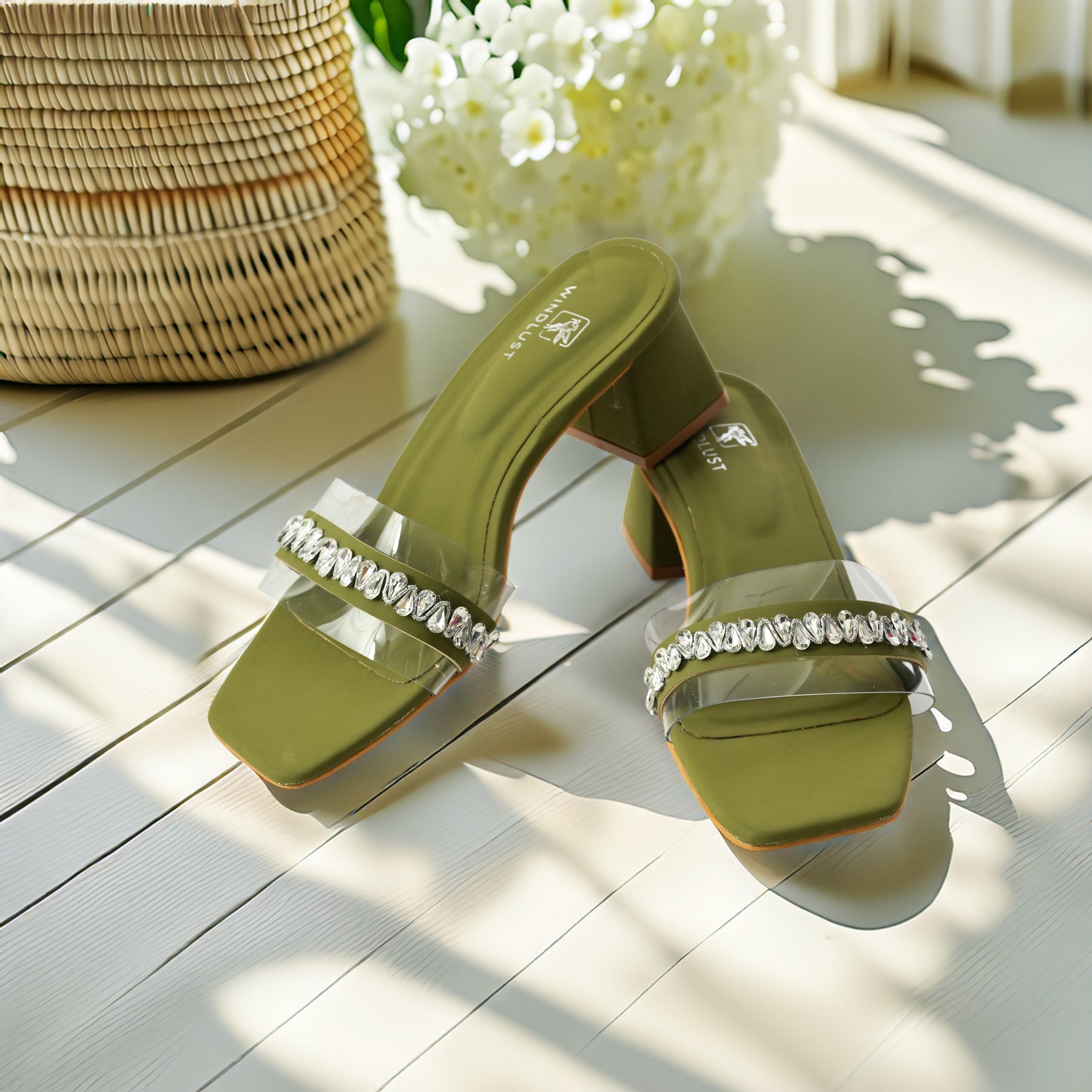 Handset Swarovski Embellished Clear Heels - Deep Green