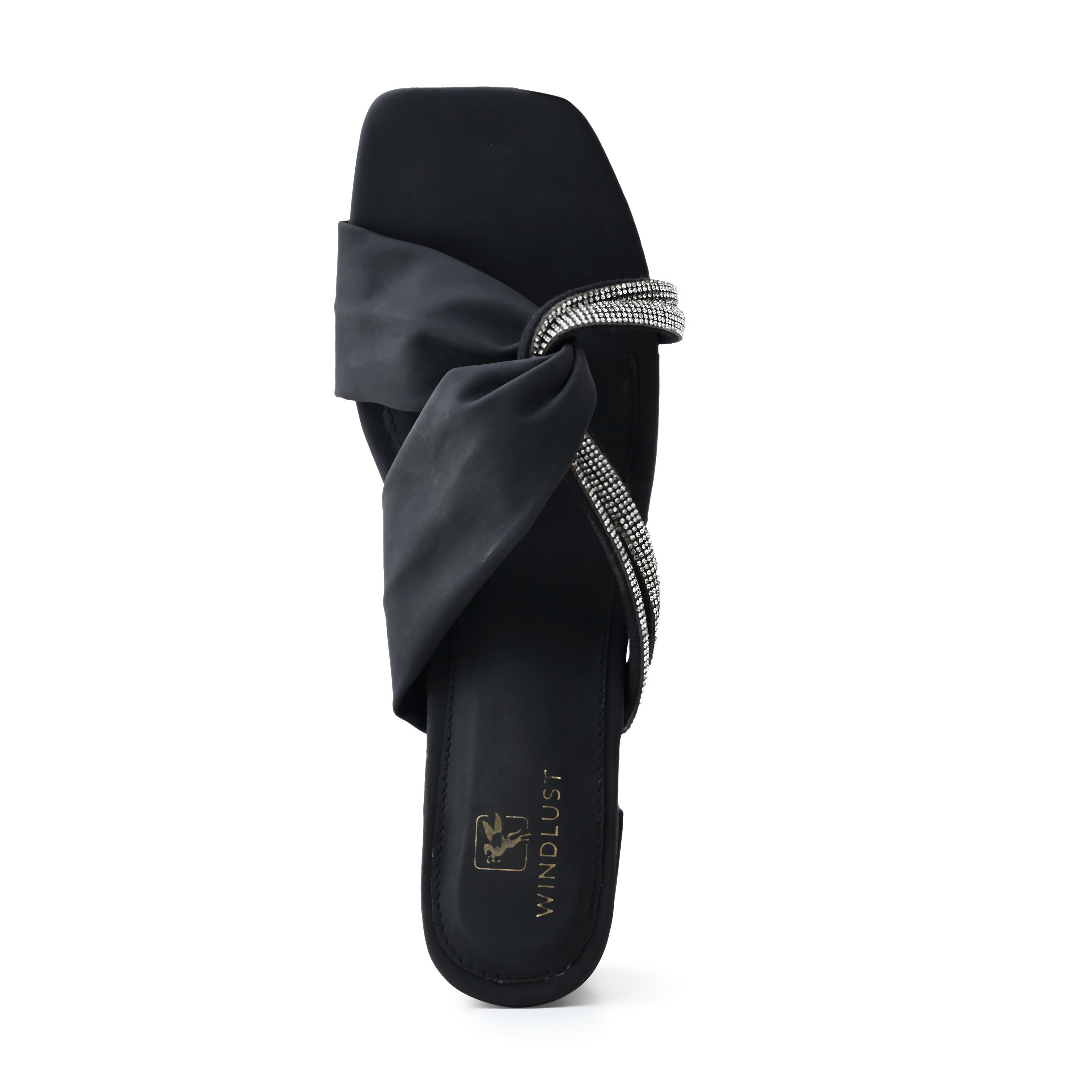 Black Windlust Swarovski String Heels with interlocked design and sparkling embellishments, stylish open-toe heels for women.