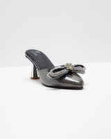 Metallic Grey Embellished Bow Heels