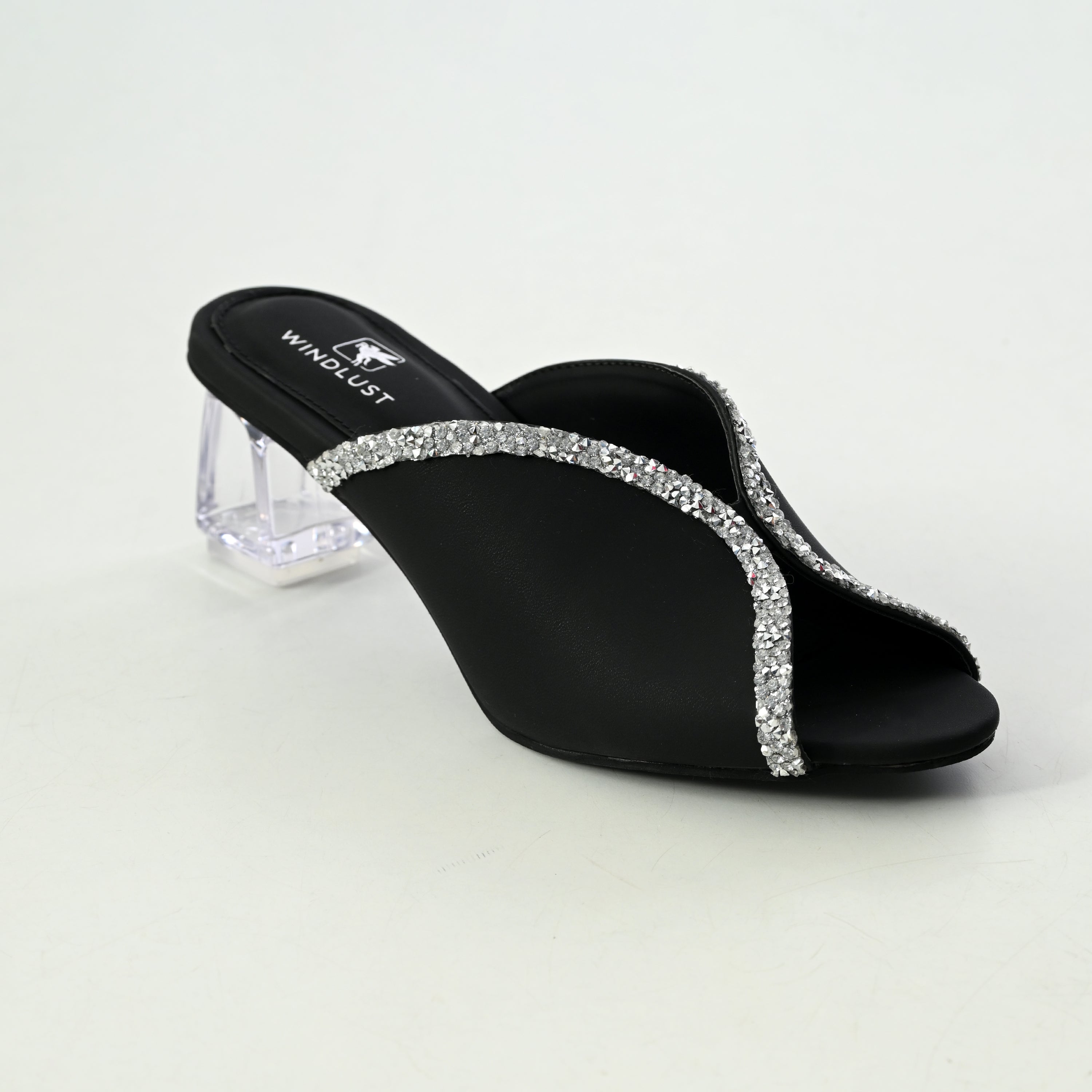 Black Swarovski-embellished hollow heel by Windlust, stylish women's dress shoe with elegant design and shimmering details.