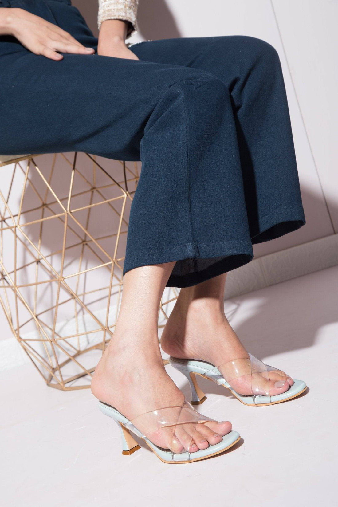 Sky blue transparent cross-strap heels by Windlust, showcasing stylish heels with clear straps and a chic design.