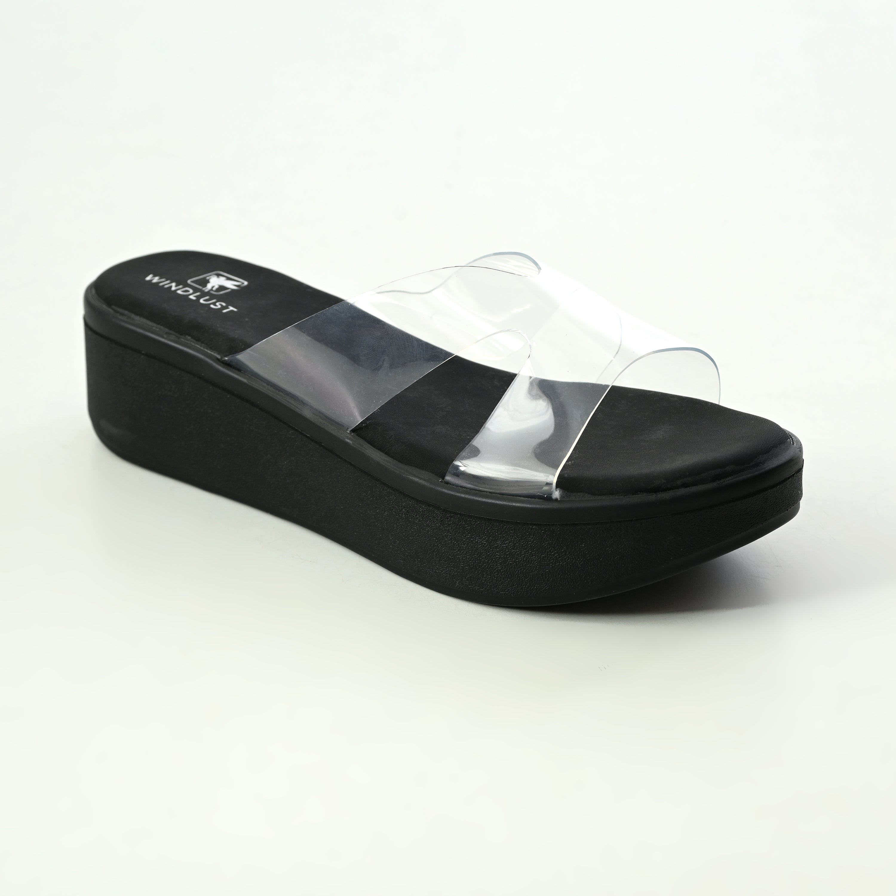 Black Windlust CLEAR X-FLOW Wedge sandal with open toe and ankle strap, stylish wedge heel for casual and dressy looks.