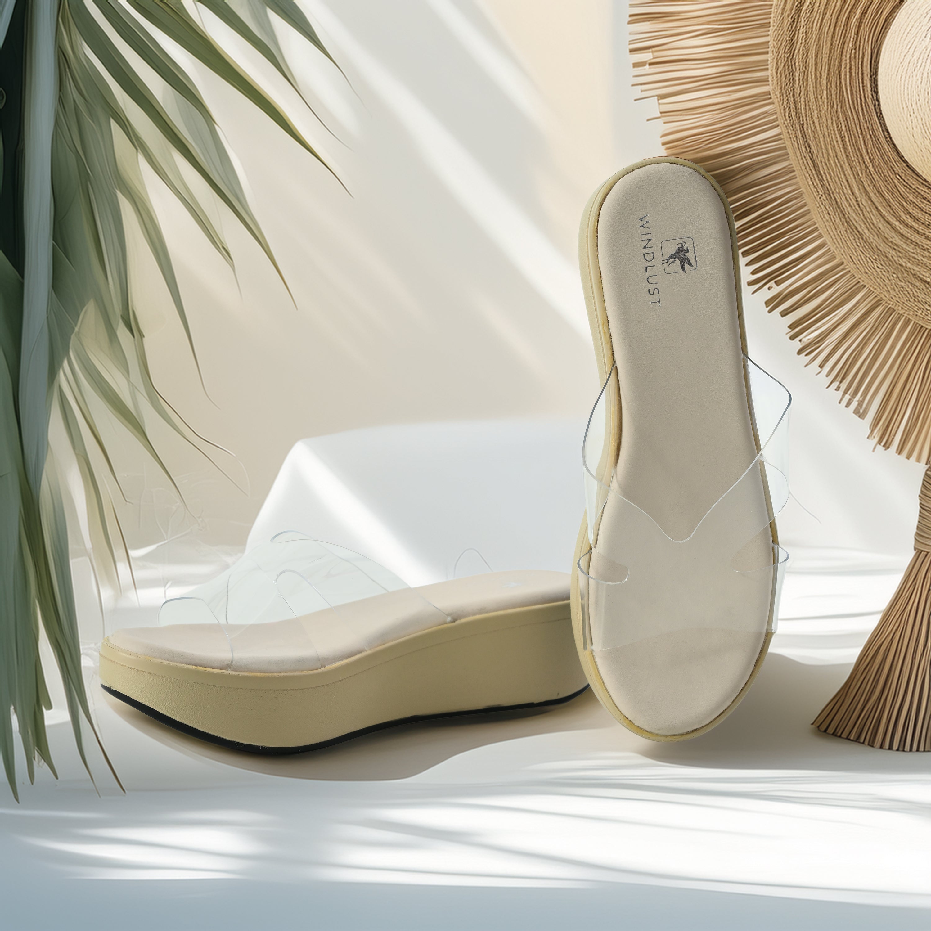 Windlust Clear X-Flow Wedge in cream color, stylish wedge shoes with a transparent design and comfortable heel.