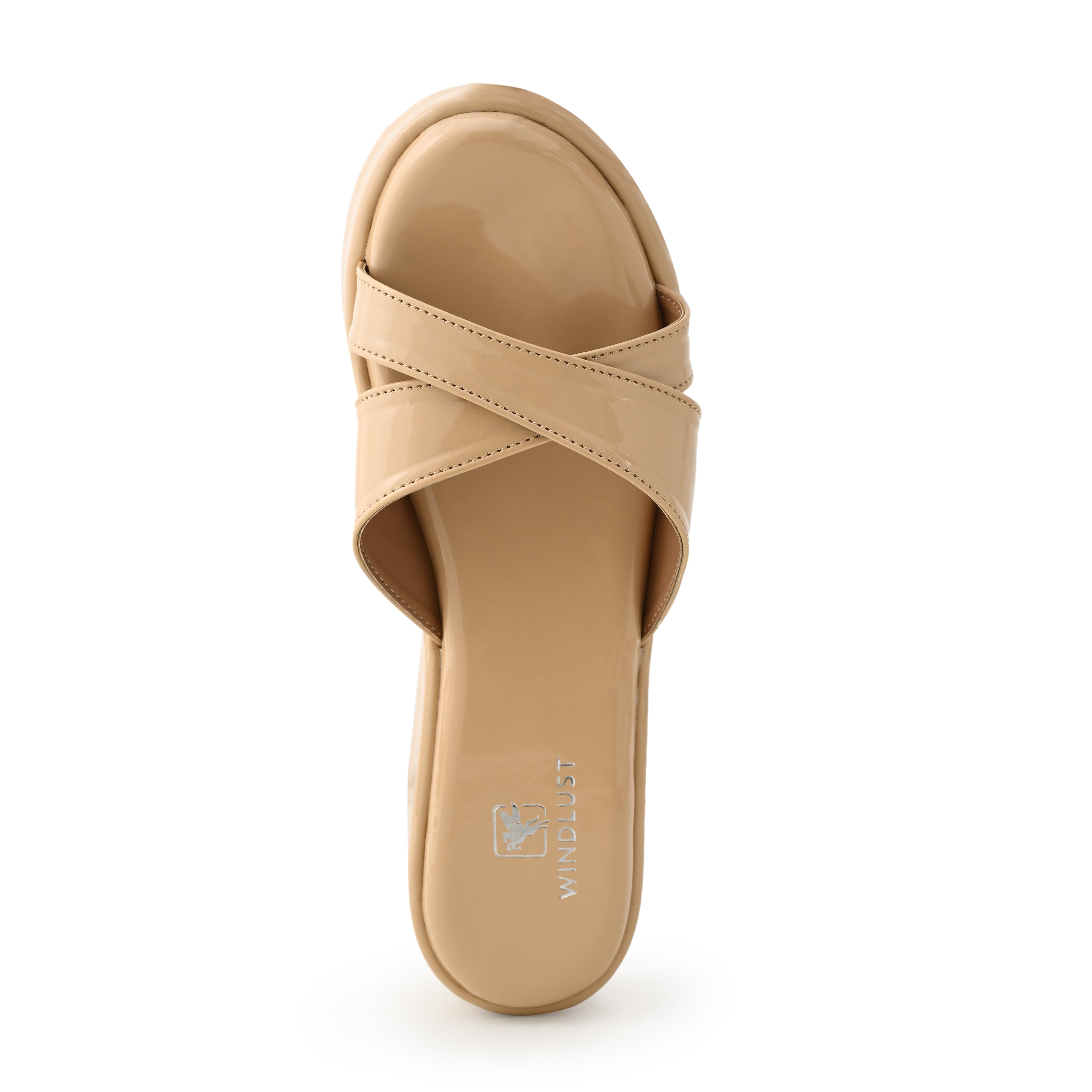 Beige Windlust cross-strap wedges with chunky heel and open toe, stylish footwear for casual and summer outfits.