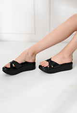 CROSS STRAP WEDGES - Glossy Black