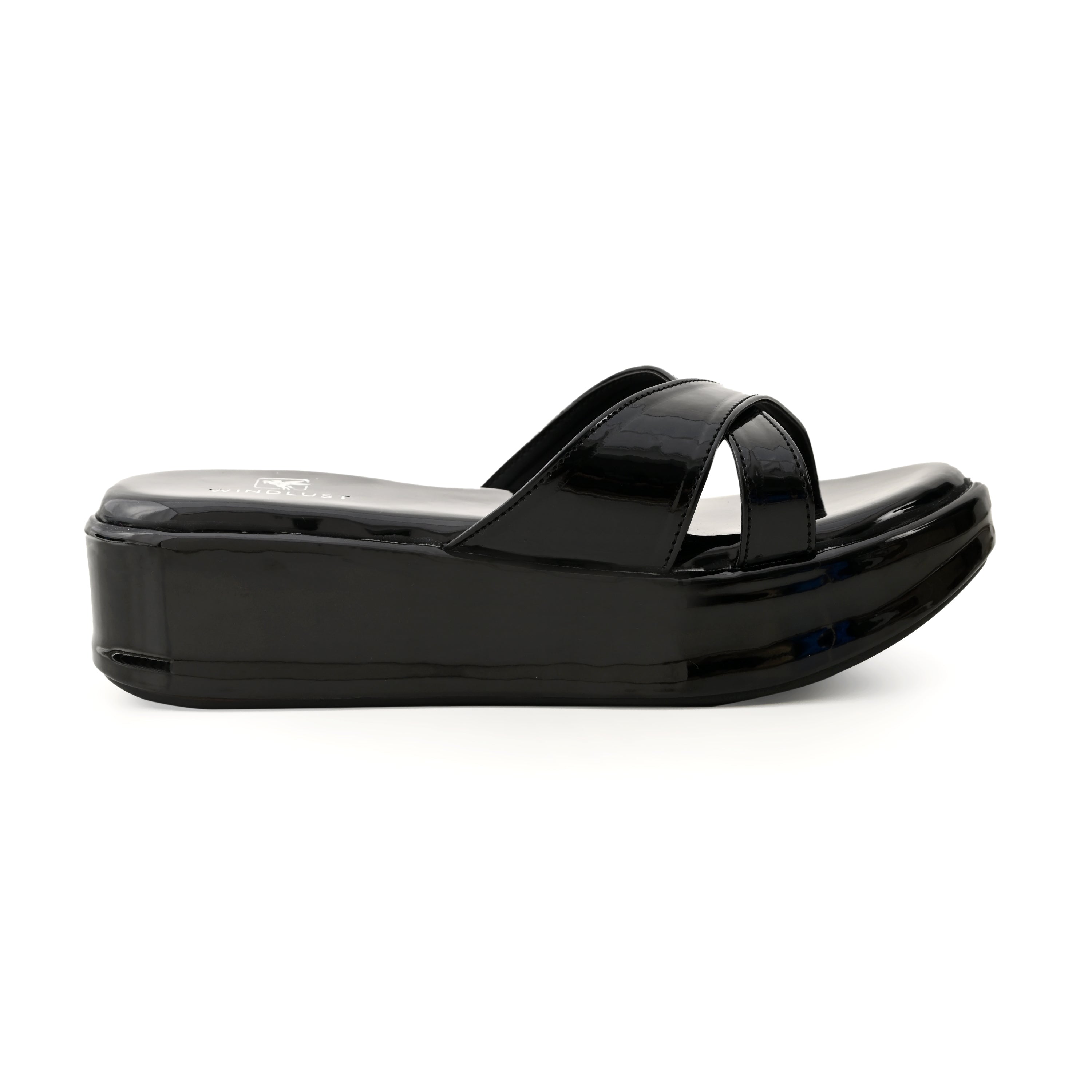 Glossy black Windlust cross strap wedges with chunky heel and open toe, stylish footwear for casual or dressy occasions.