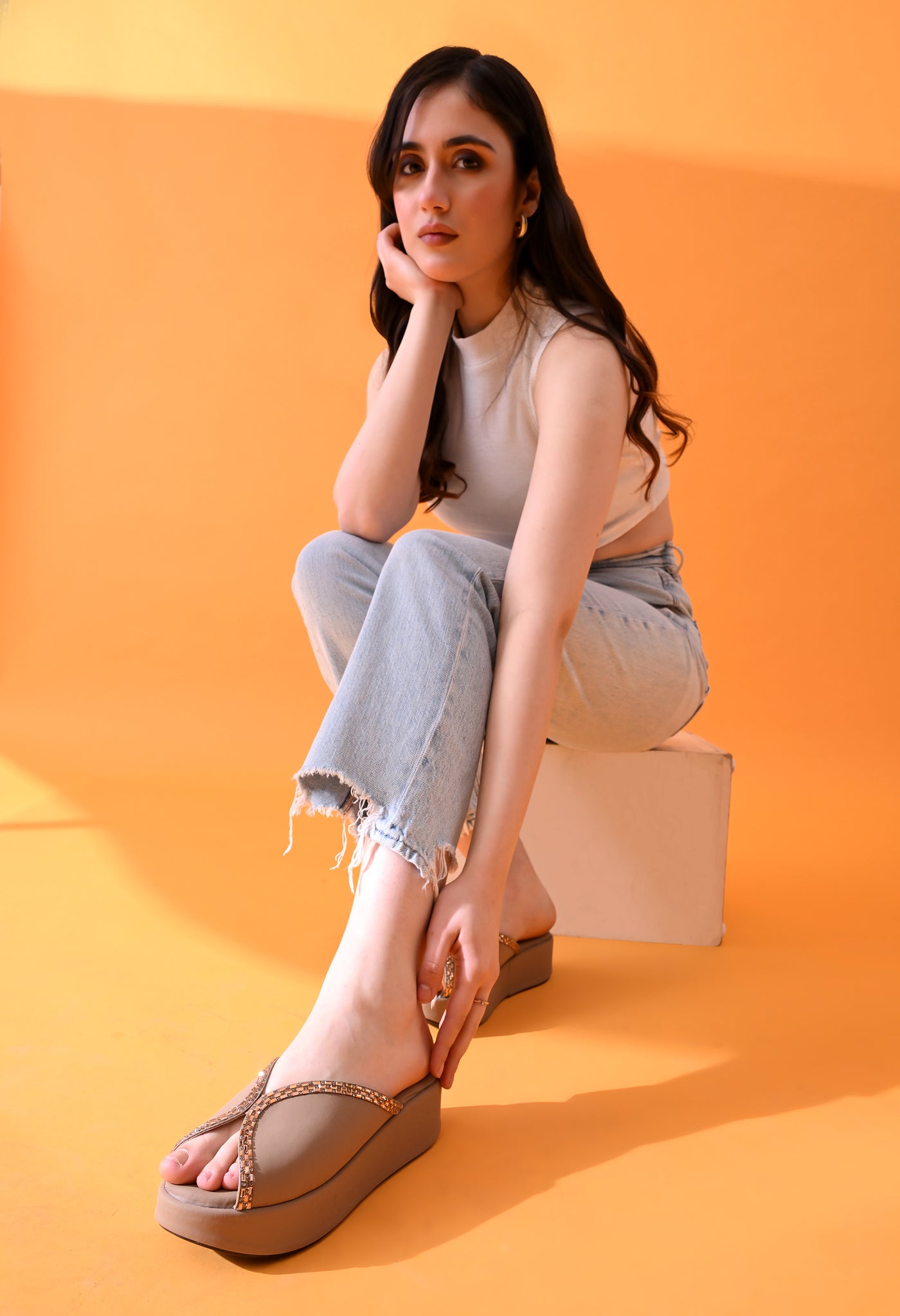 SWAROVSKI EMBELLISHED PLATFORMS - GOLD TAUPE