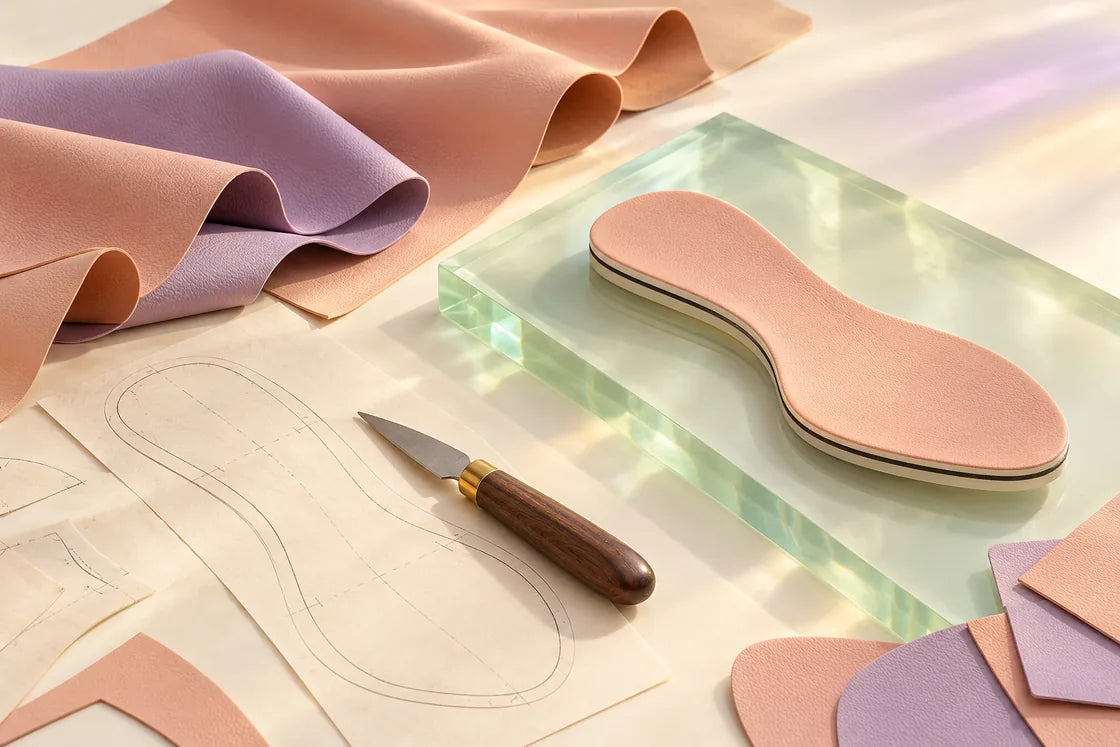 Conceptual atelier study: a hand-cut footbed pattern, a cutting tool and fine vegan-leather layers on a pale jade work surface.