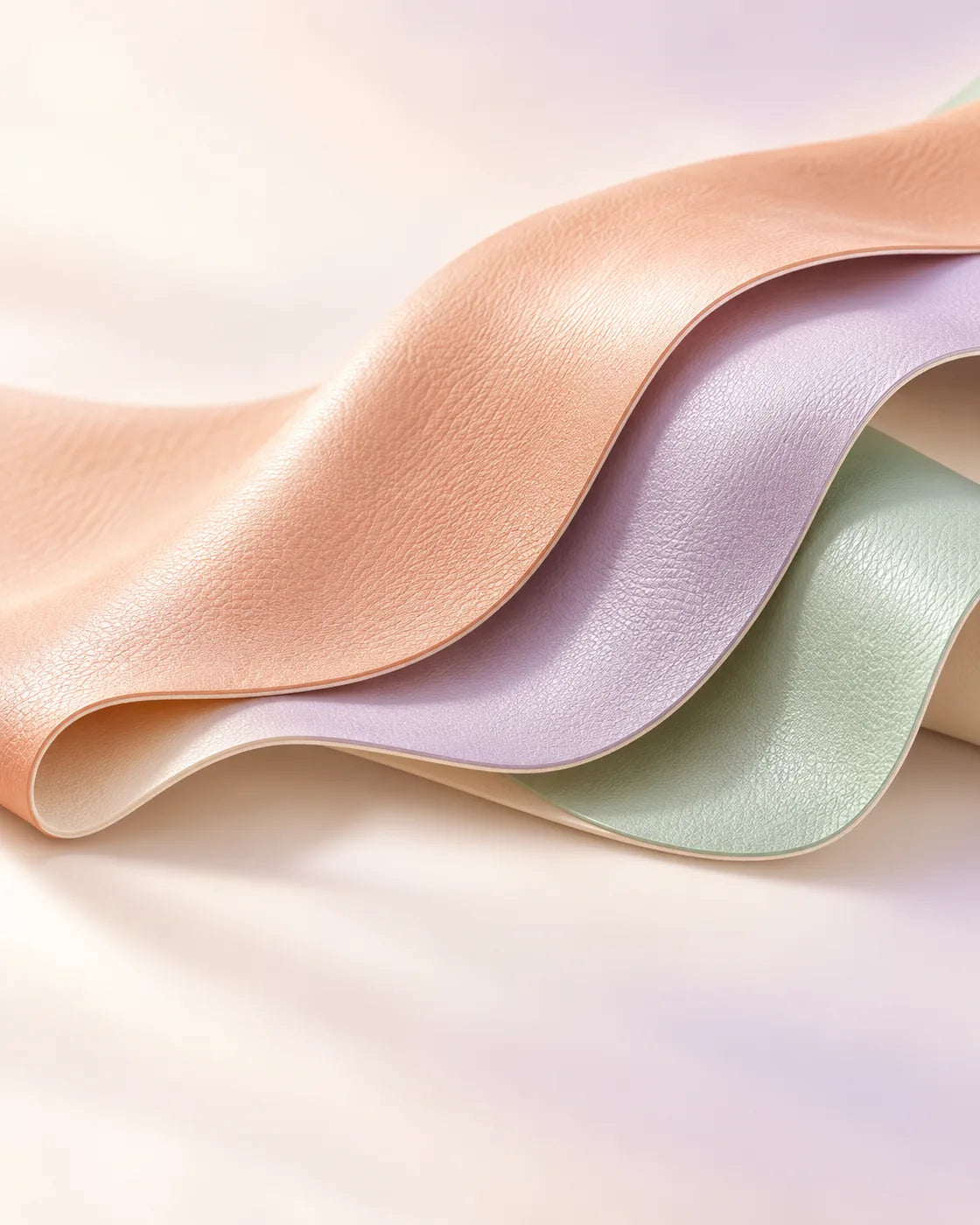 Conceptual study of thin, supple vegan-leather sheets in peach, lilac and soft jade.